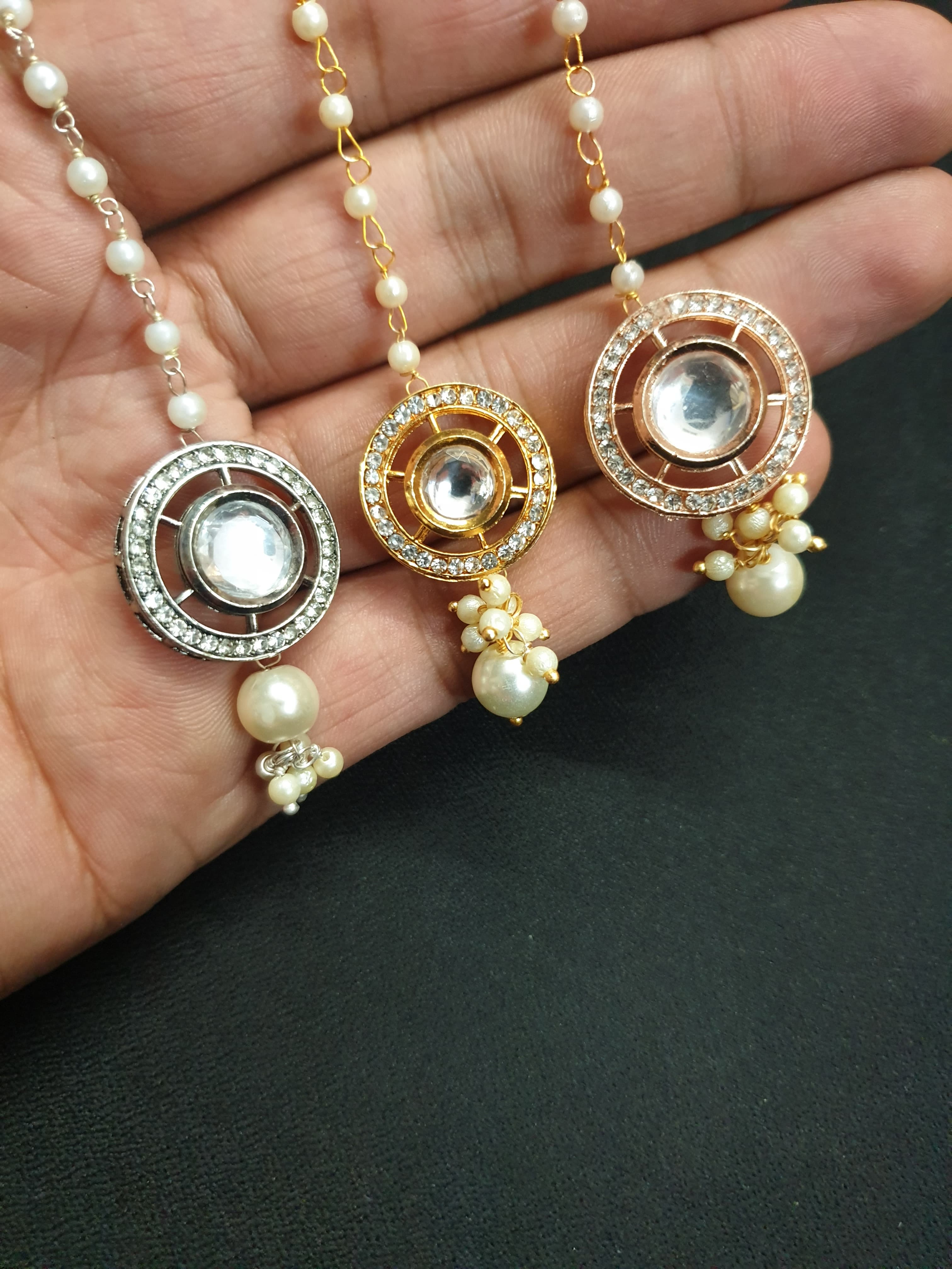 Kundan Polki Pearl Beaded Maang Tikka (Pack of Three)