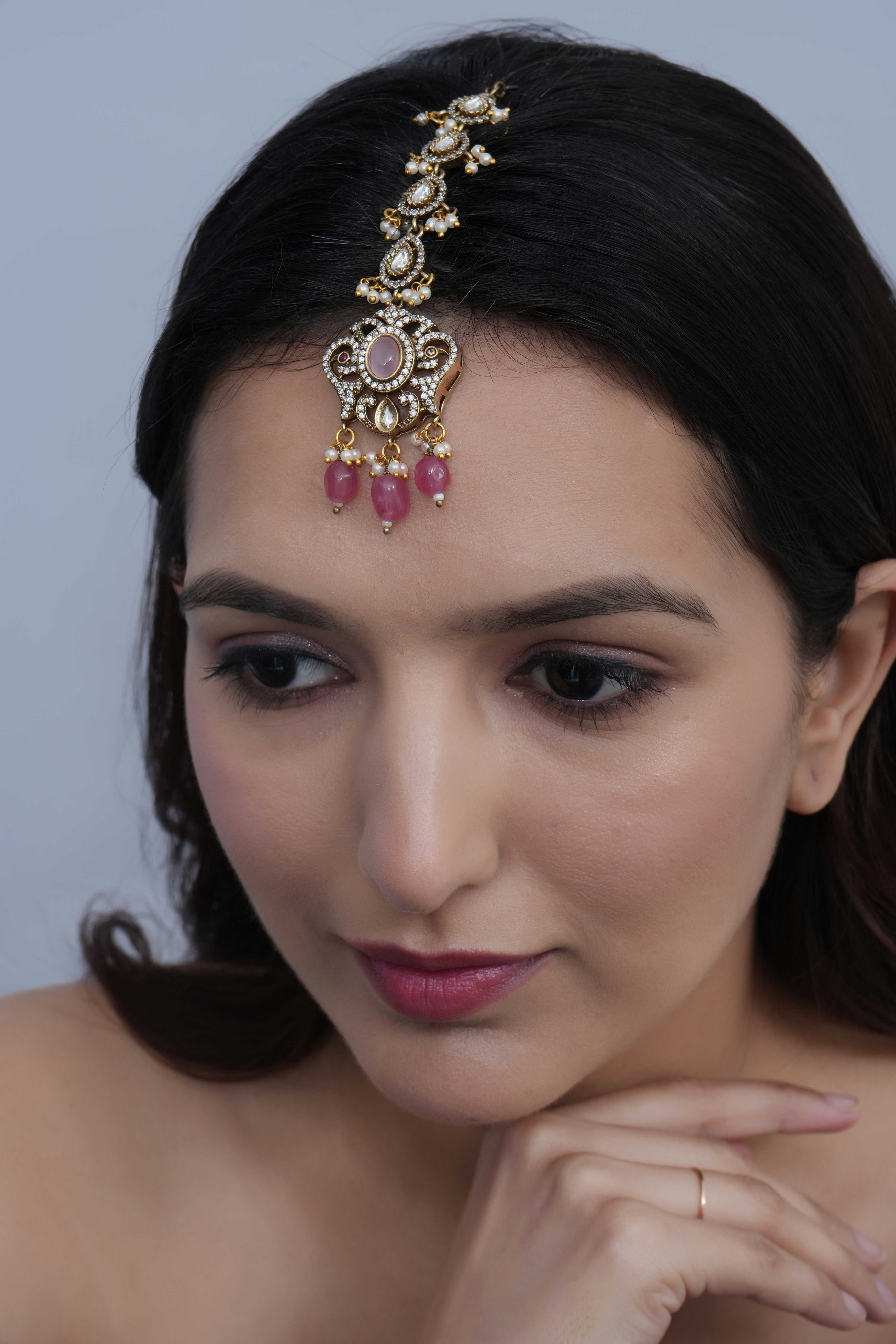 Pink Stone Designer Kundan Maang Tikka