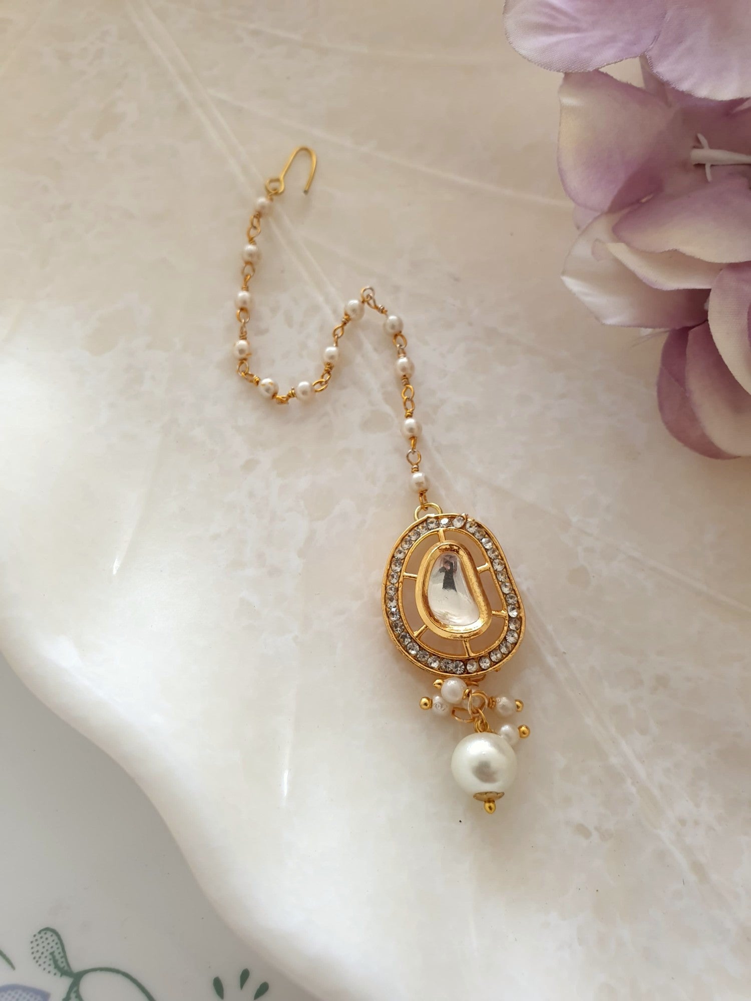 Gold Premium Kundan Polki Pearl Beaded Maang Tikka