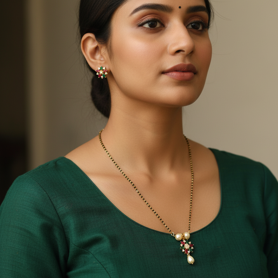 Ruby Green With Pearl Floral Mangalsutra With Earrings