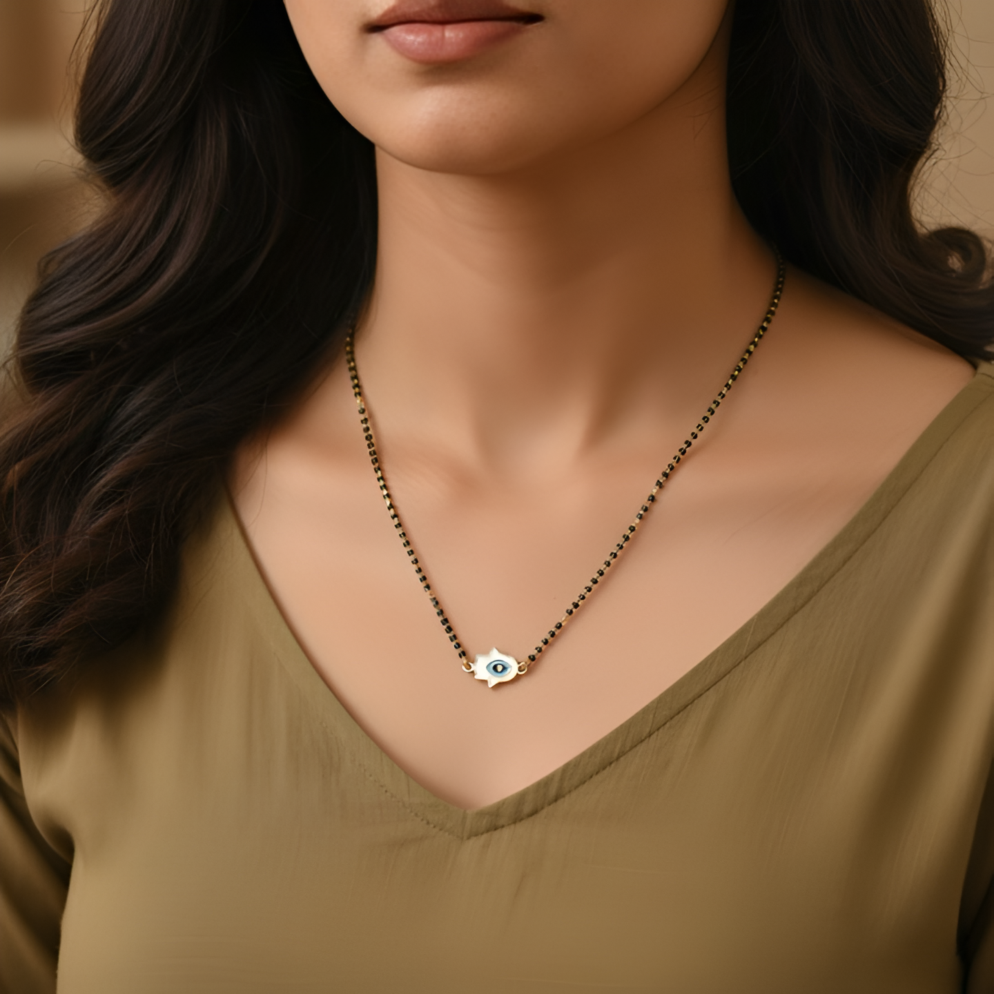 White Evil Eye Humsa Charm Mangalsutra