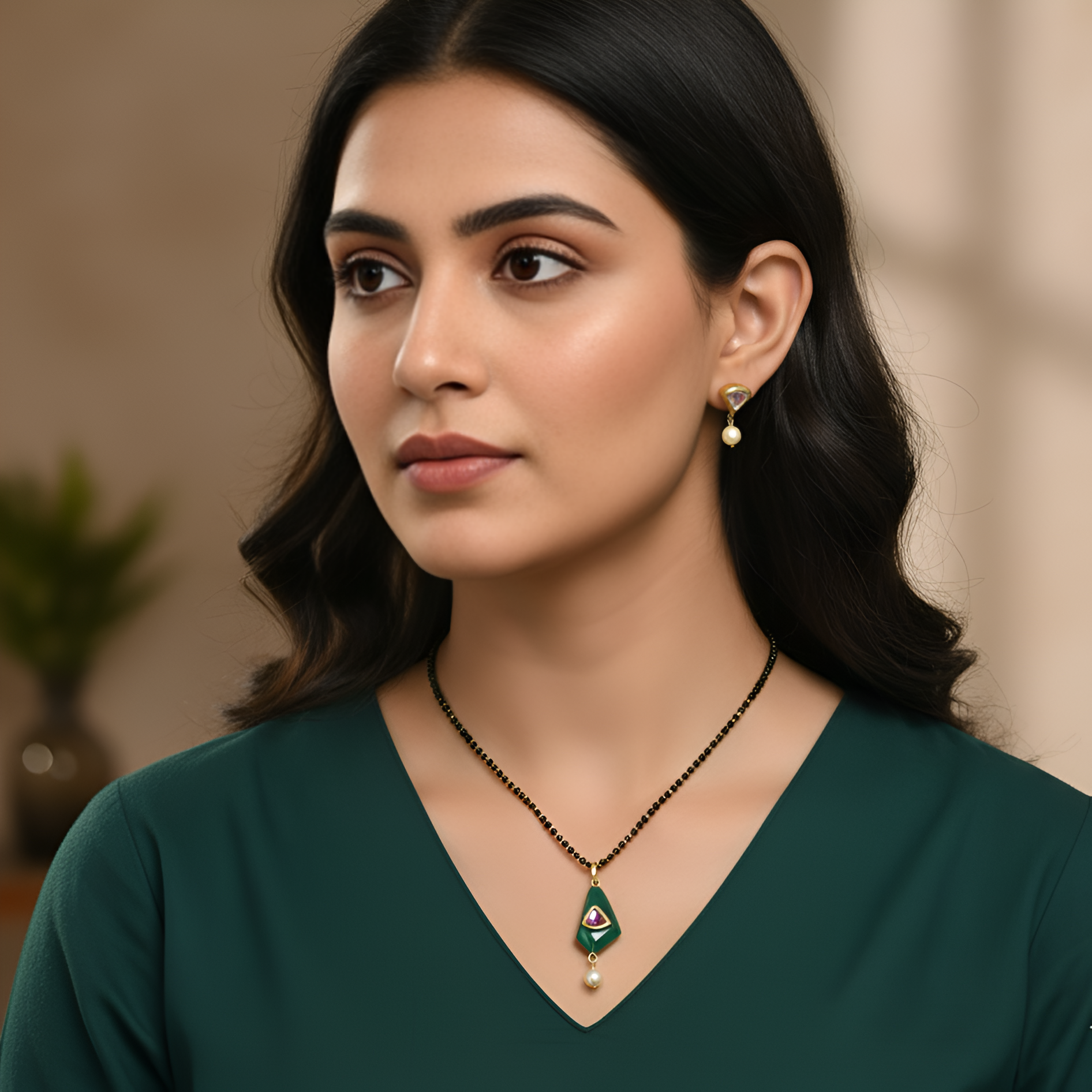 Green Stone 22k Gold Plated Mangalsutra With Earrings