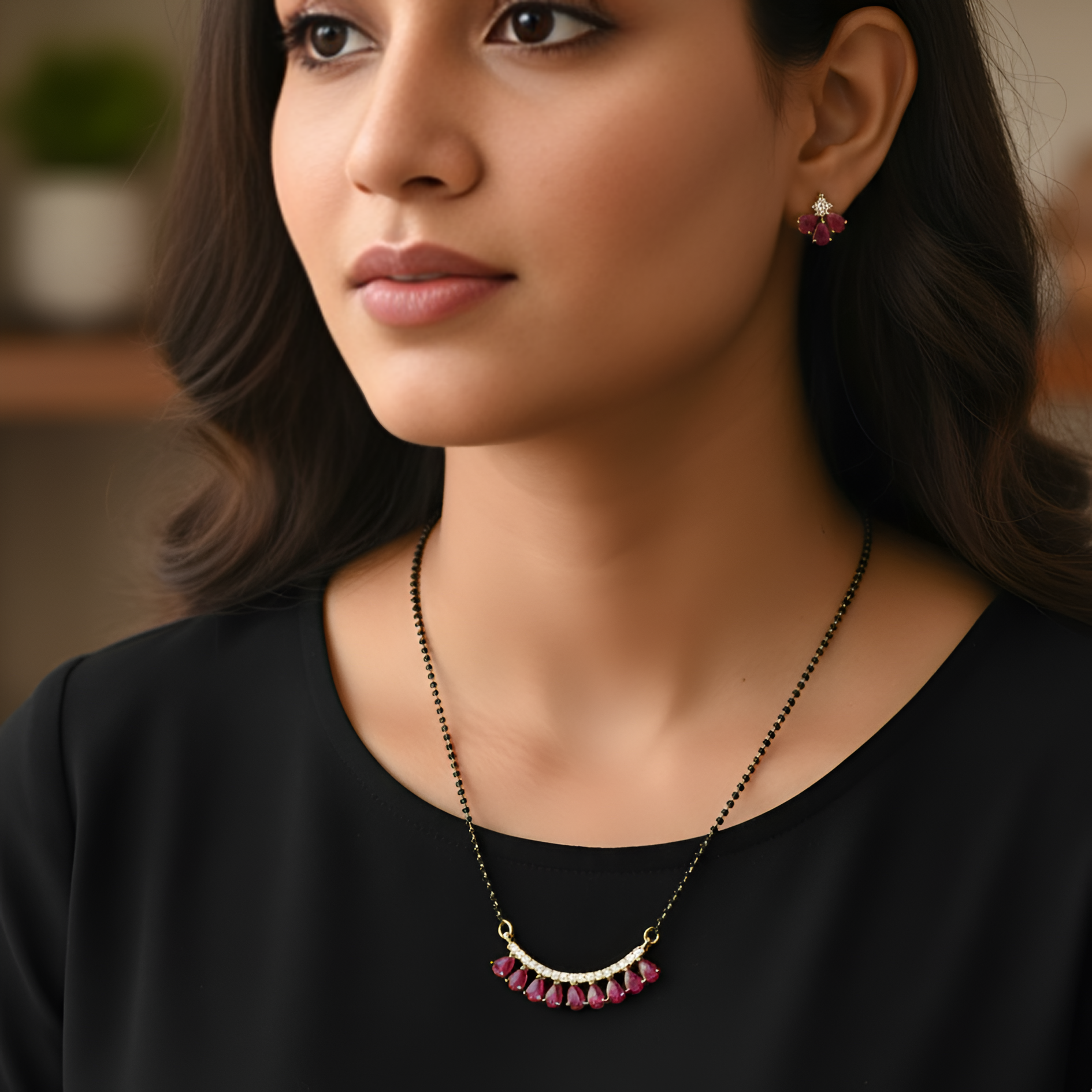 Ruby Red AD Stone Tear-Drop Mangalsutra With Earrings