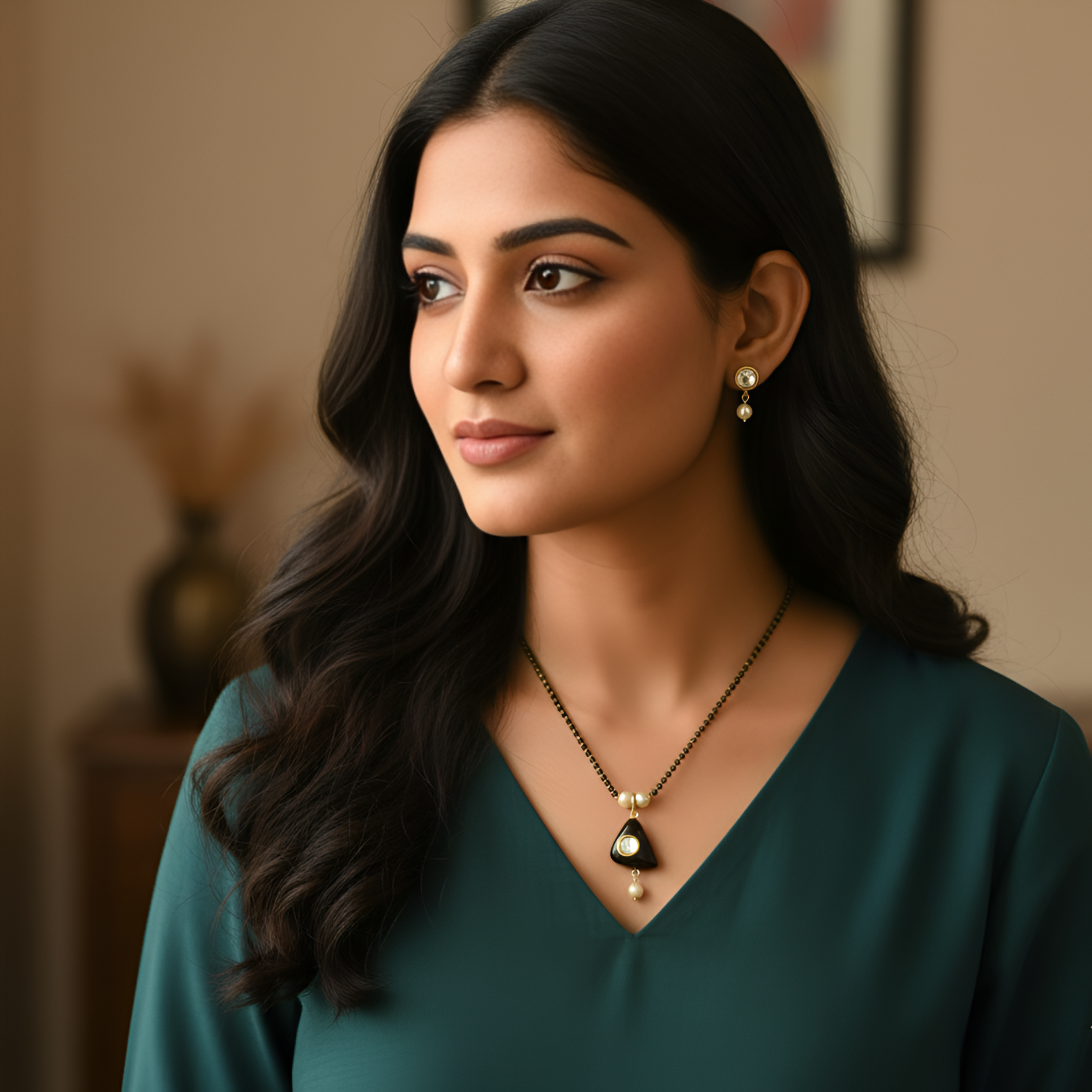 Black Stone Kundan Mangalsutra With Earrings