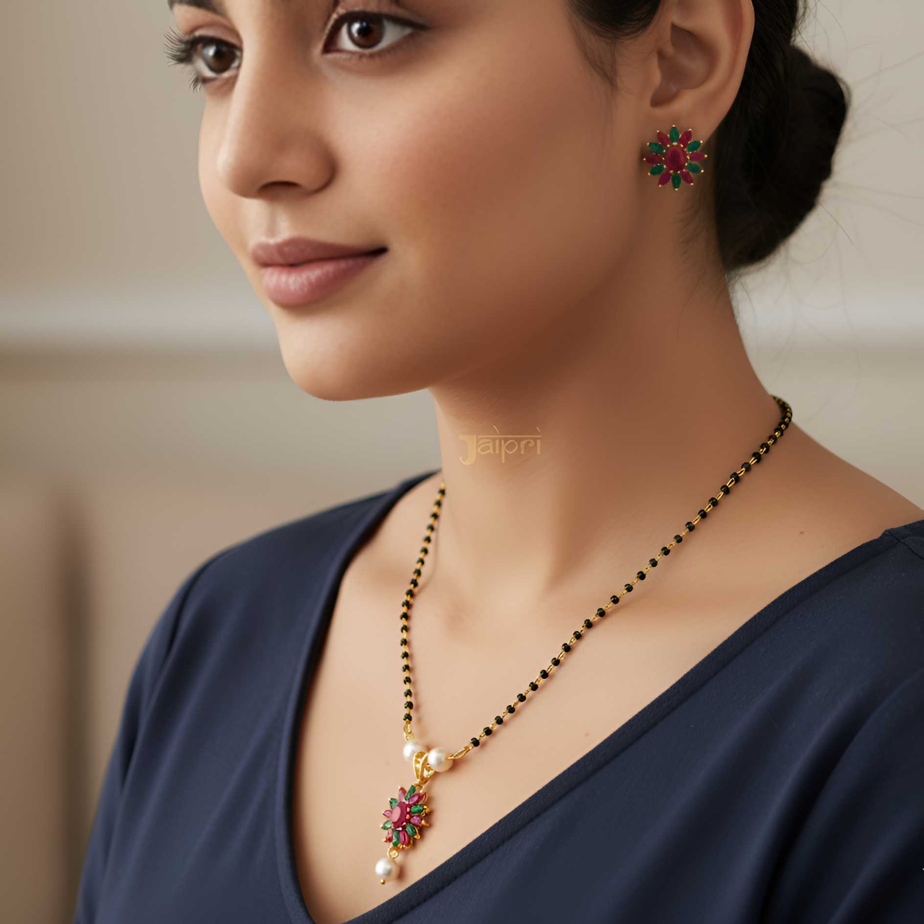 Green Red and Pearl Floral Mangalsutra With Earrings