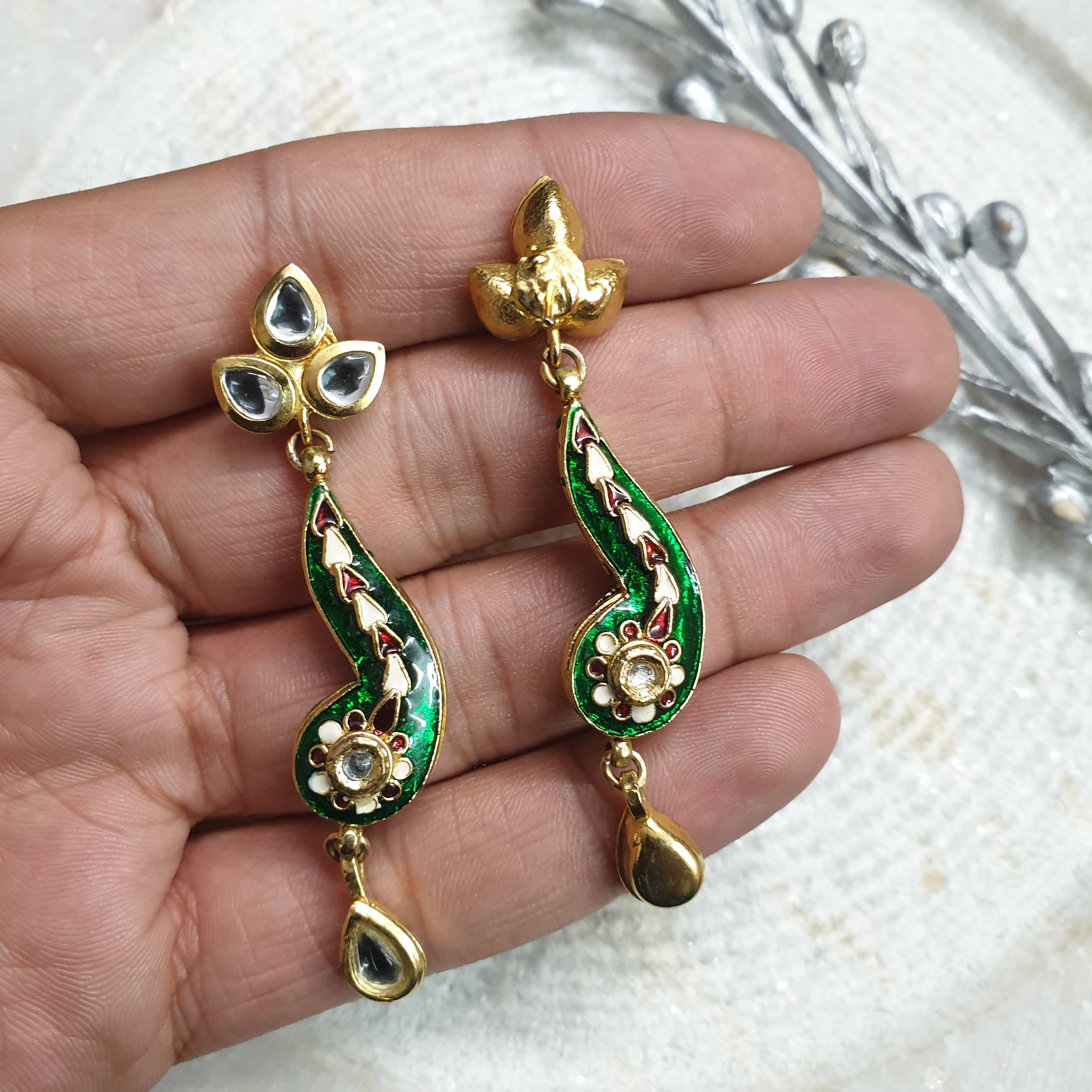 22k Gold Plated Green Meenakari Floral Earrings – Jaipri