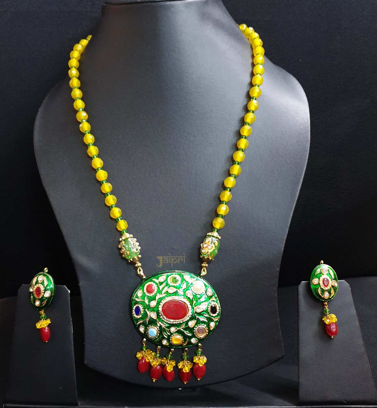 Yellow Beads Stone Meenakari Pendant With Earrings