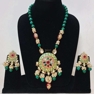 Floral Green Beads Stone Meenakari Designer Pendant With Earrings