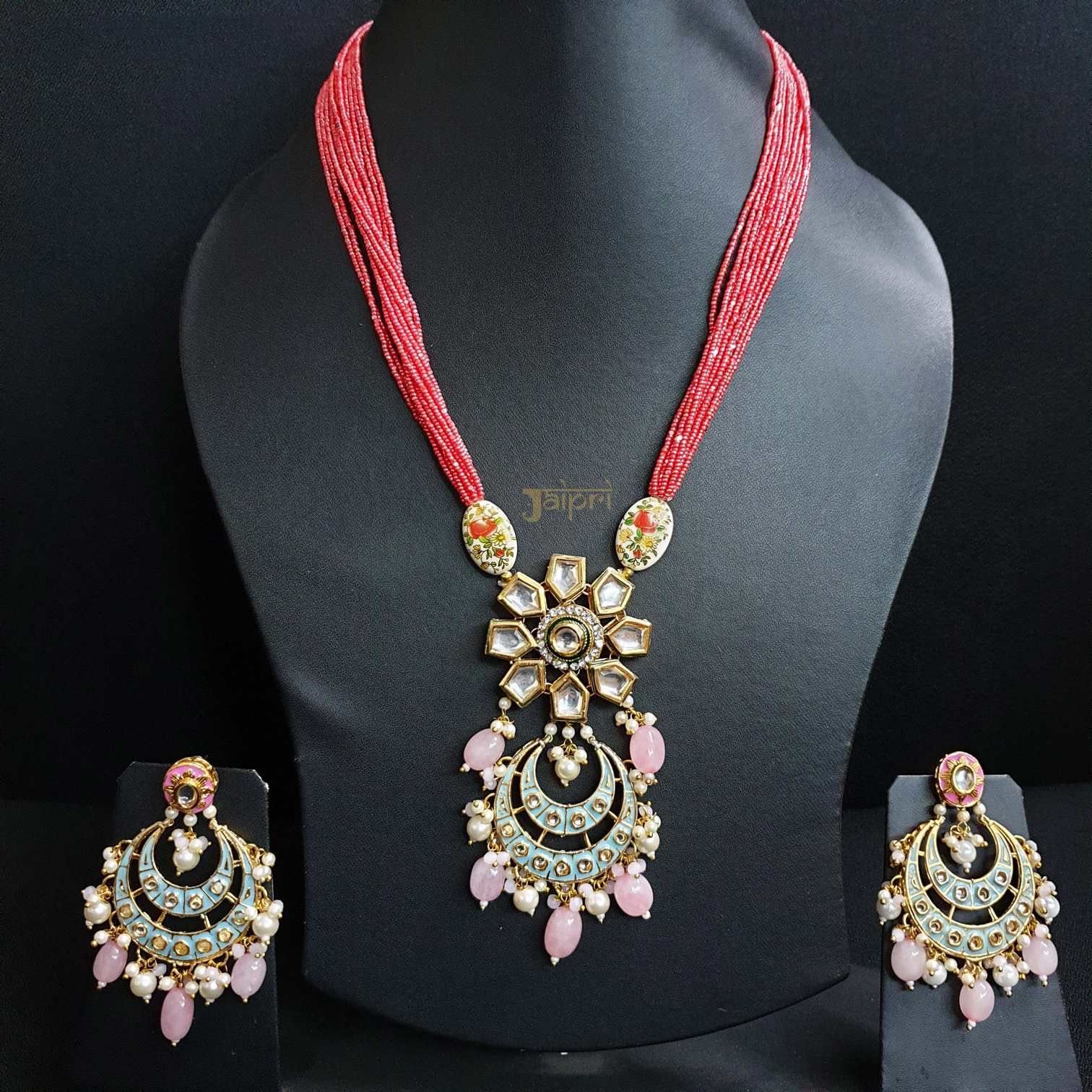 Floral Meenakari & Rose Quartz Stone Pendant With Earrings