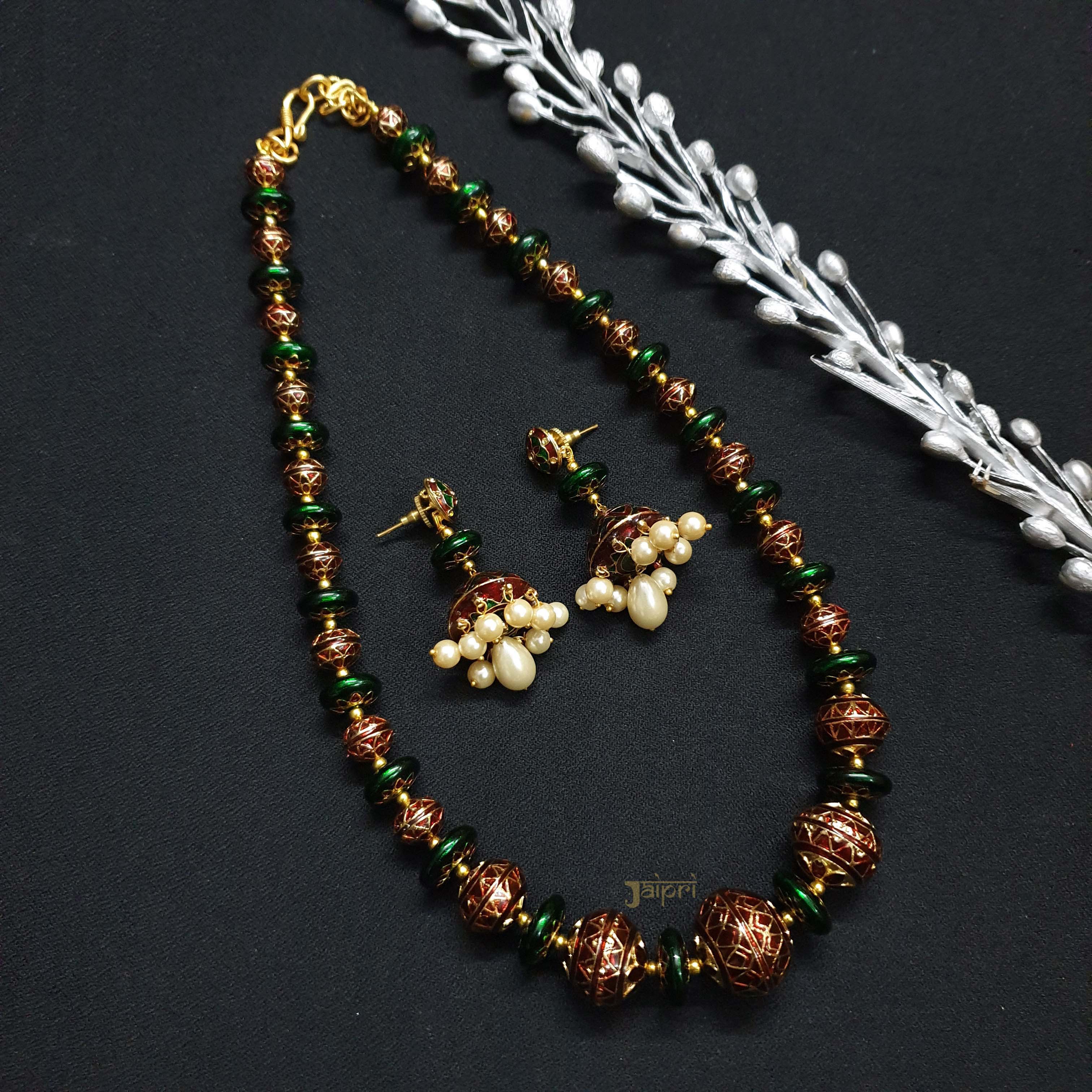 Maroon Green Meenakari Beads Necklace With Earrings