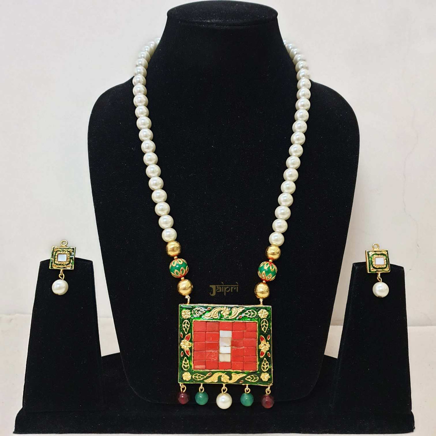 Meenakari & Pearl Beads Stone Pendant With Earrings