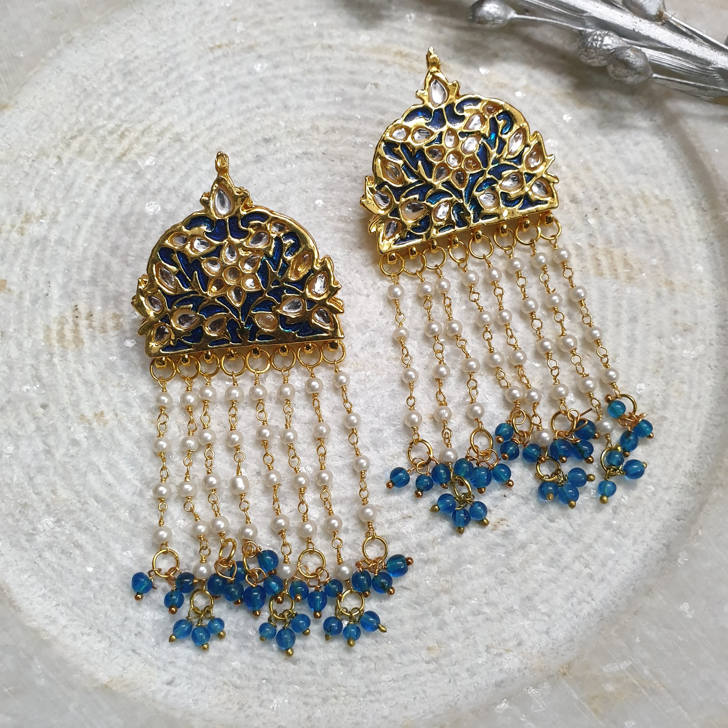 Gold Tone Blue Meenakari Long Earrings
