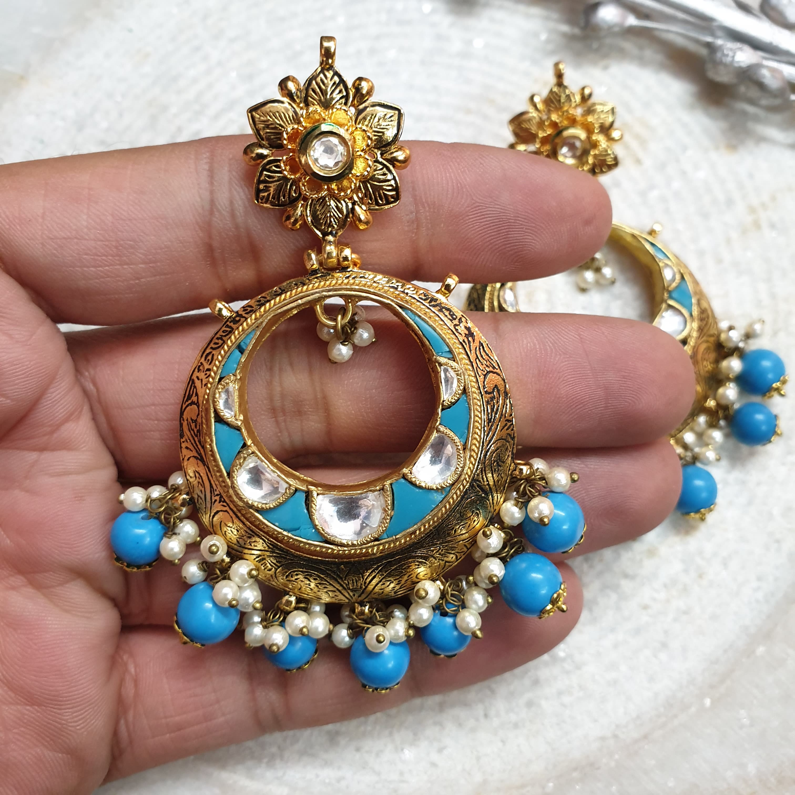 Gold Tone Turquoise Meenakari Chandbali Earrings