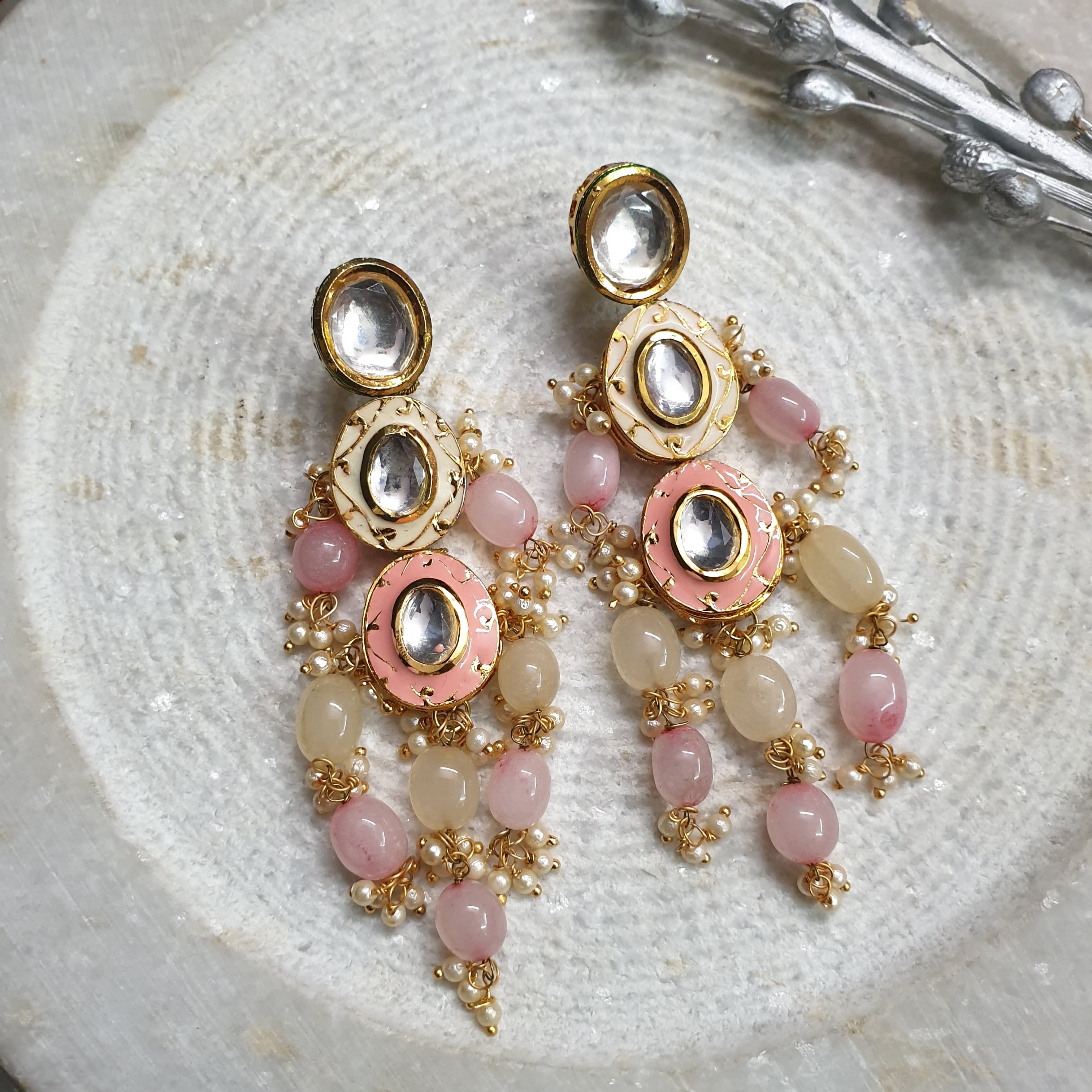 Kundan Peach Pink Stone Beading Earrings