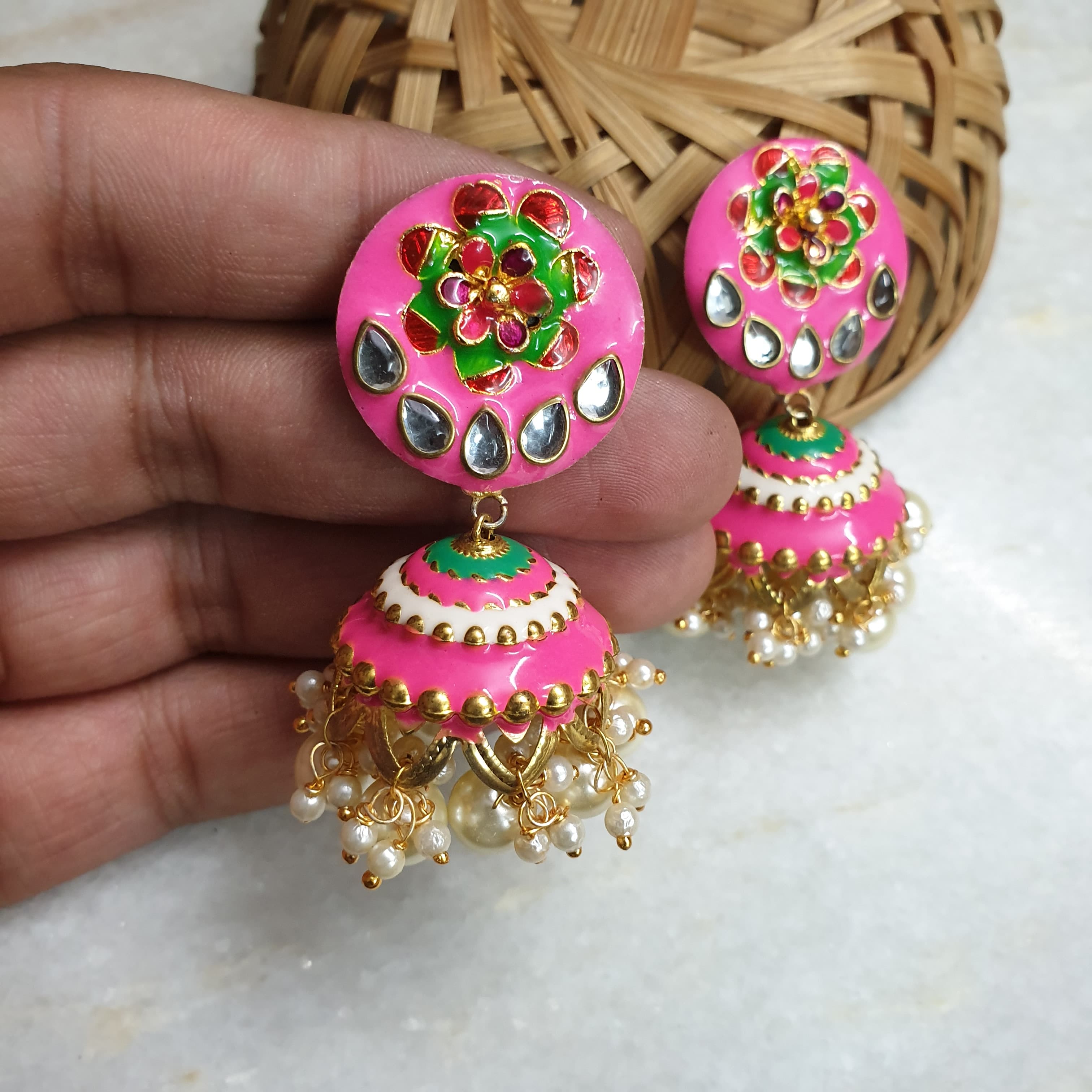 Gold Tone Pink Meenakari Jhumki Earrings