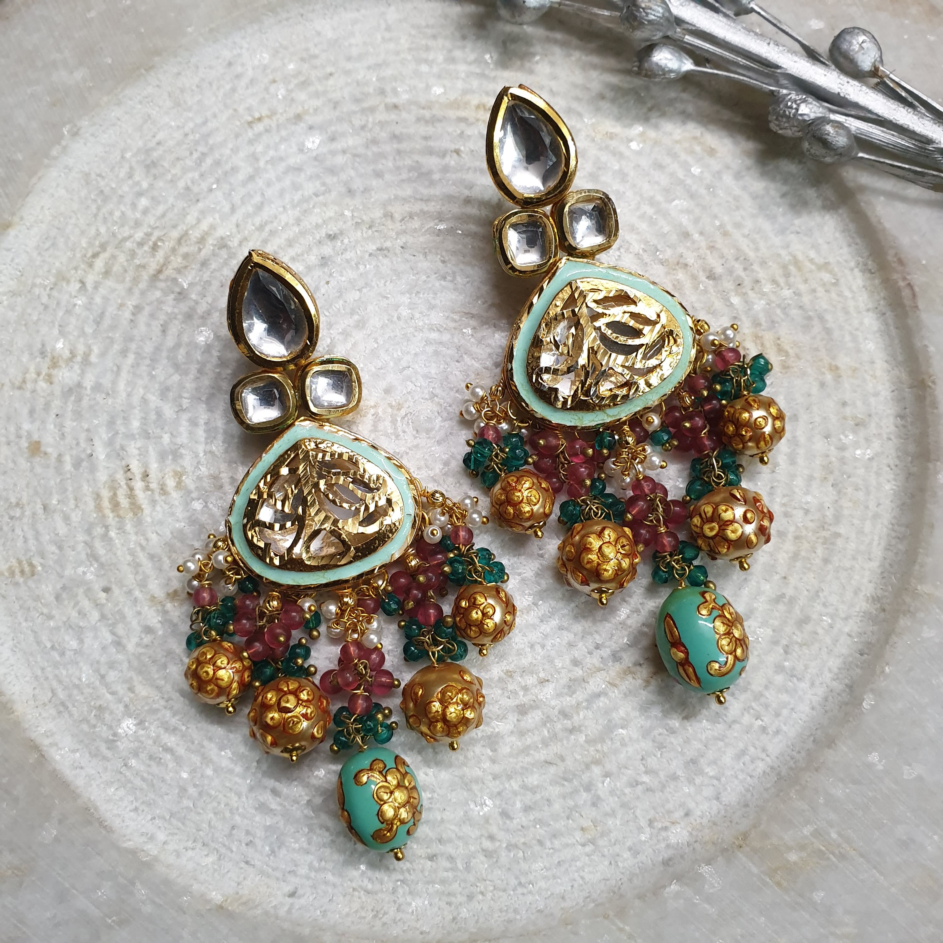 Turquoise Gold Color Kundan Party Wear Earrings