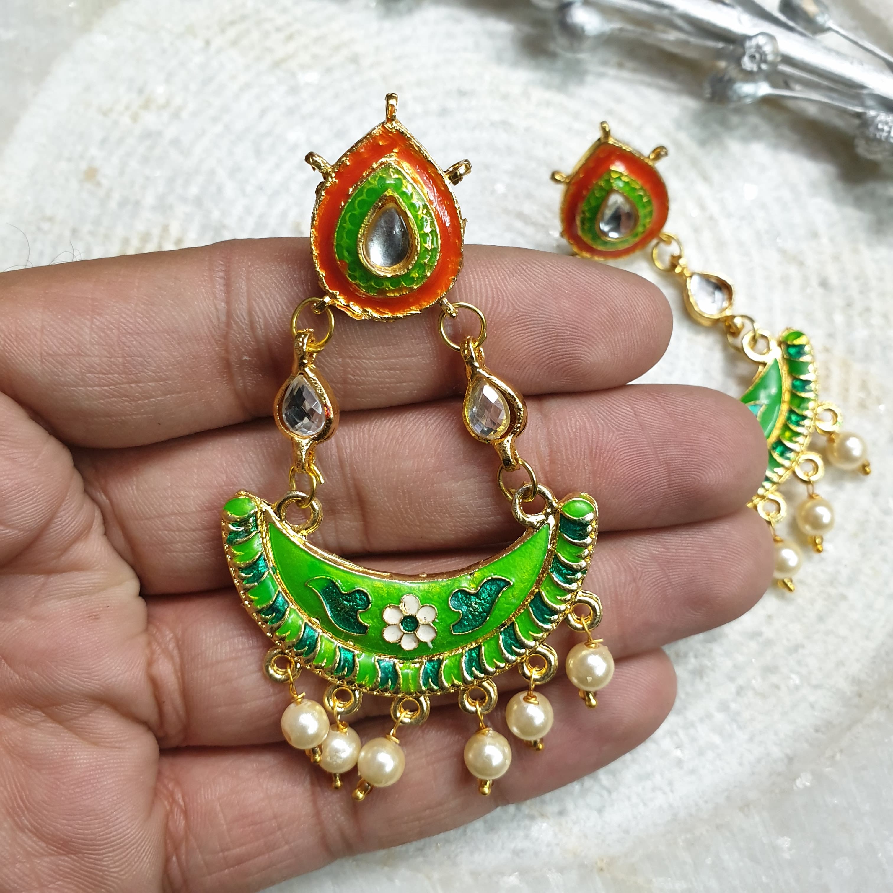 Light Weight Orange Green Meenakari Earrings