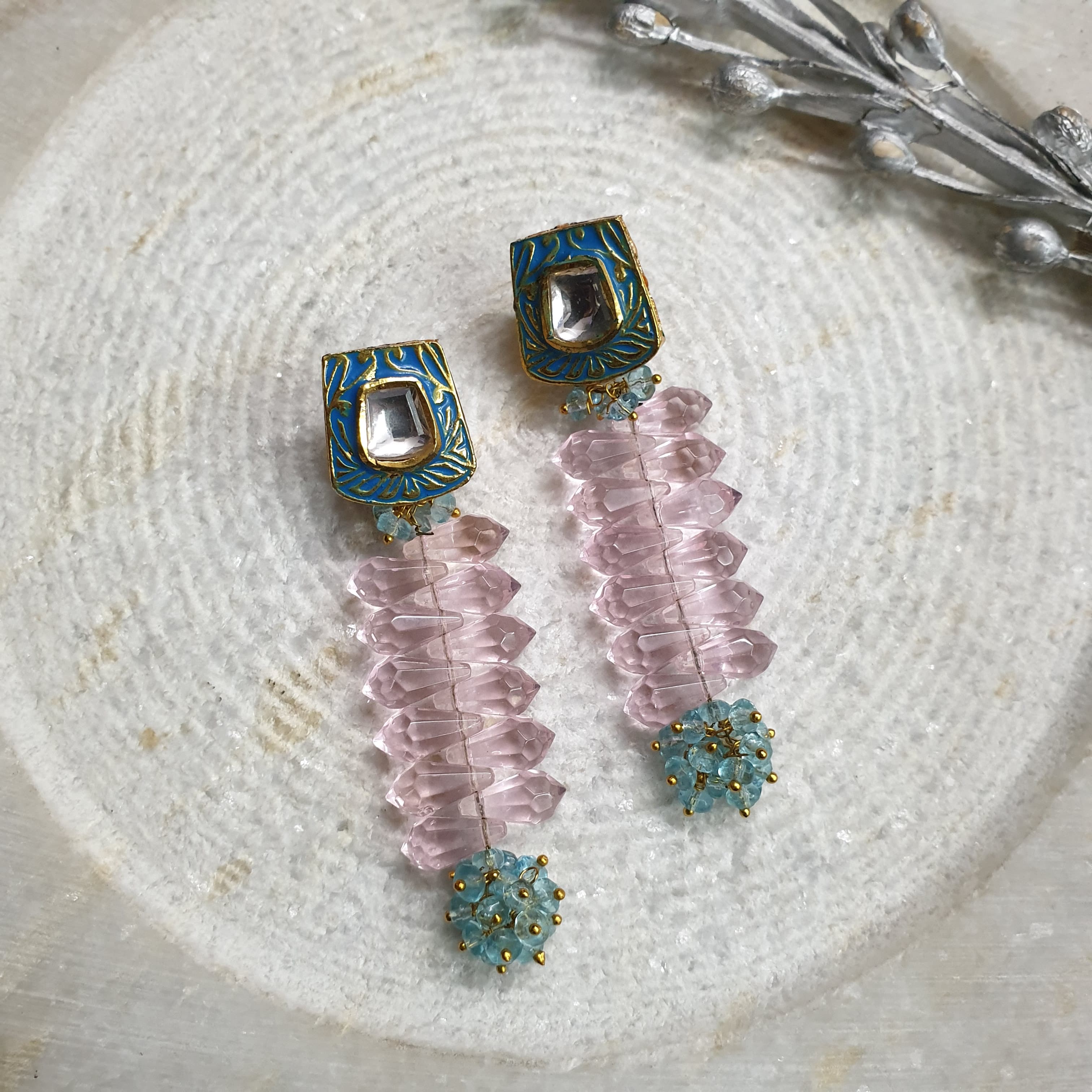 Kundan Turquoise Baby Pink Long Earrings