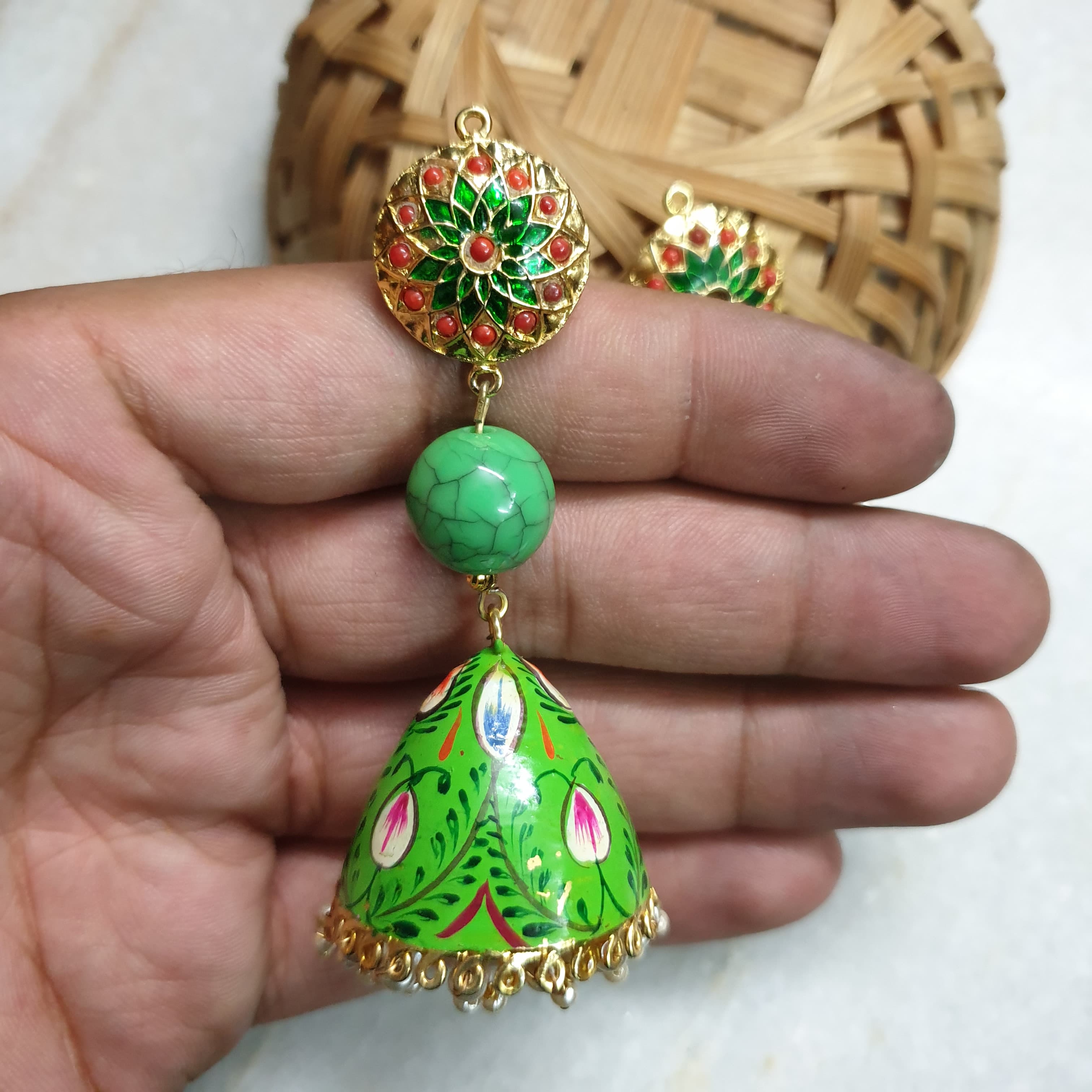 Green Handpainted Jhumki Jadau Earrings