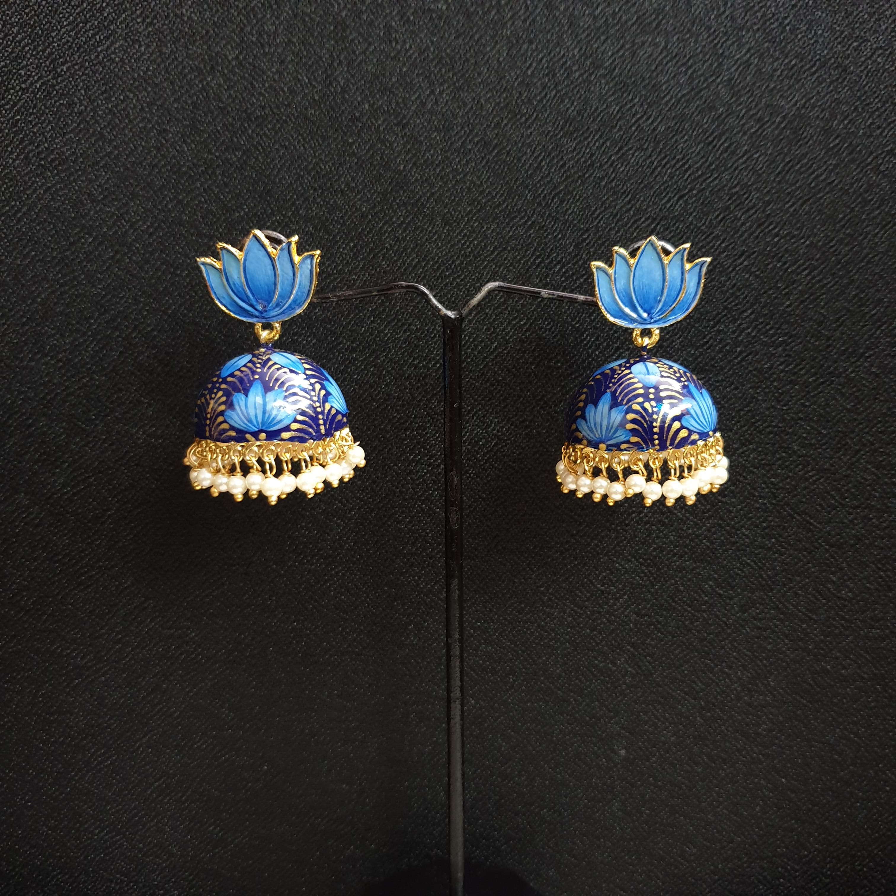 Blue Handpainted Lotus Jhumki Earrings