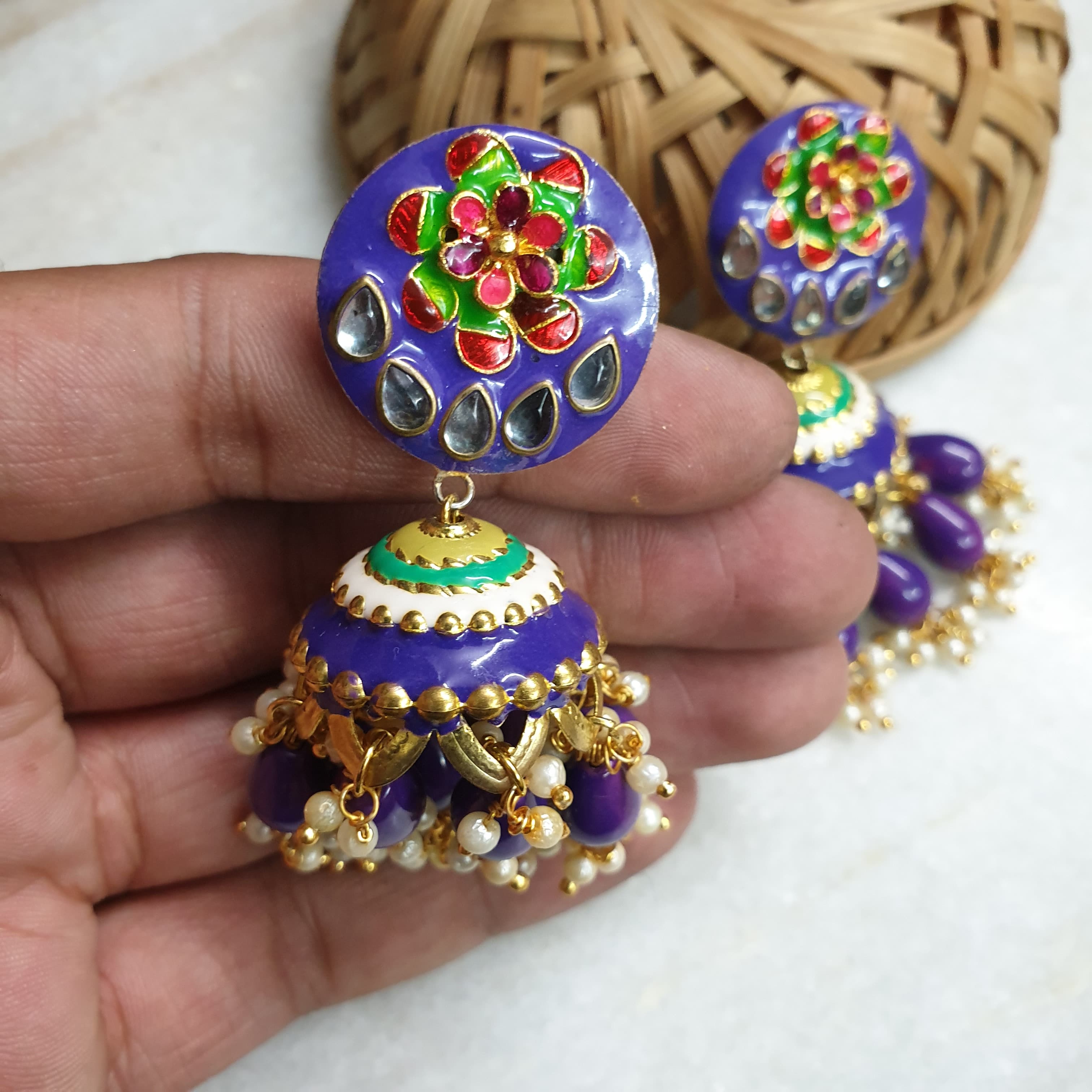 Gold Tone Purple Beads Meenakari Jhumki Earrings