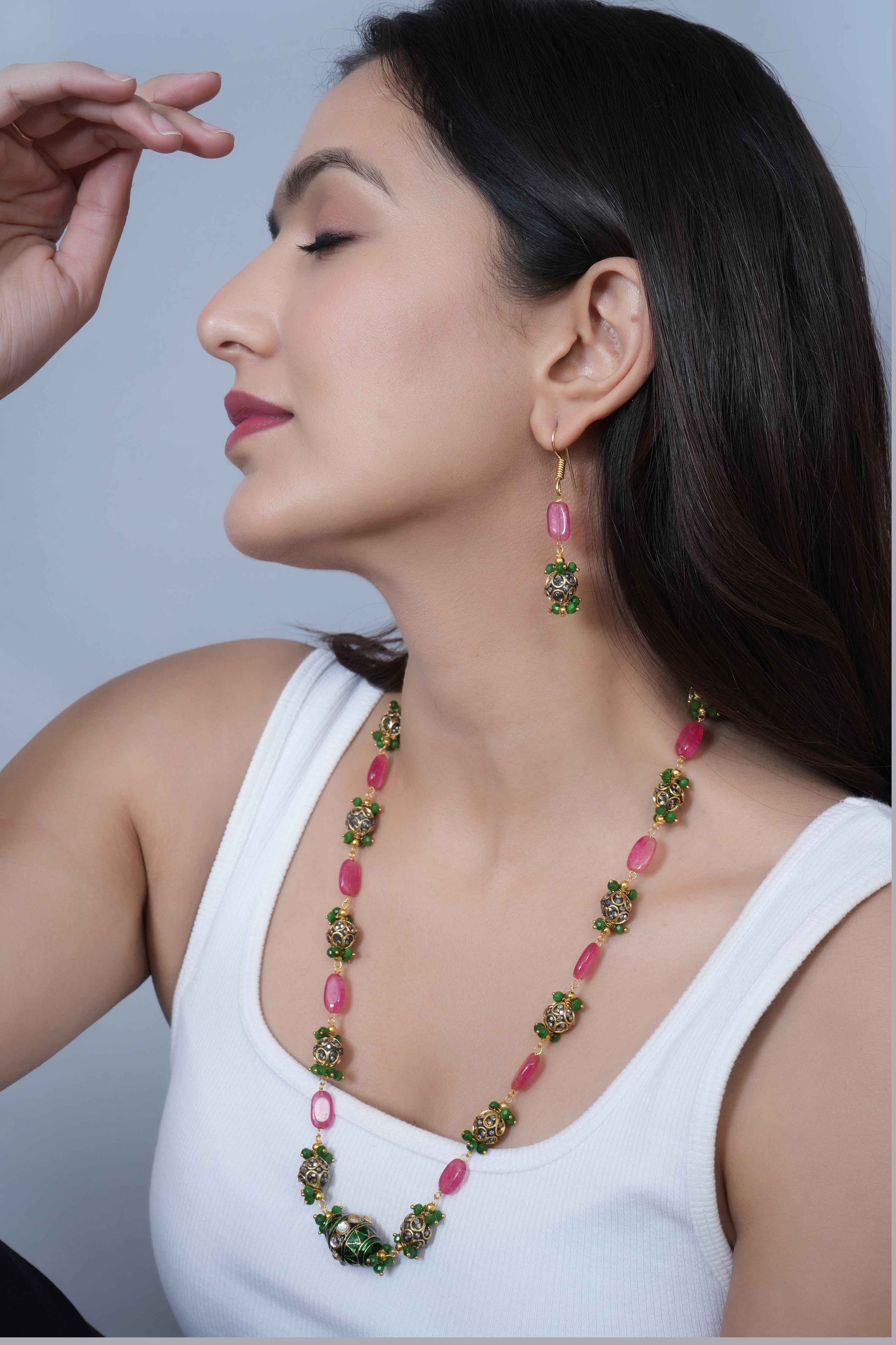 Green Meenakari Pink Stone Single Layer Necklace