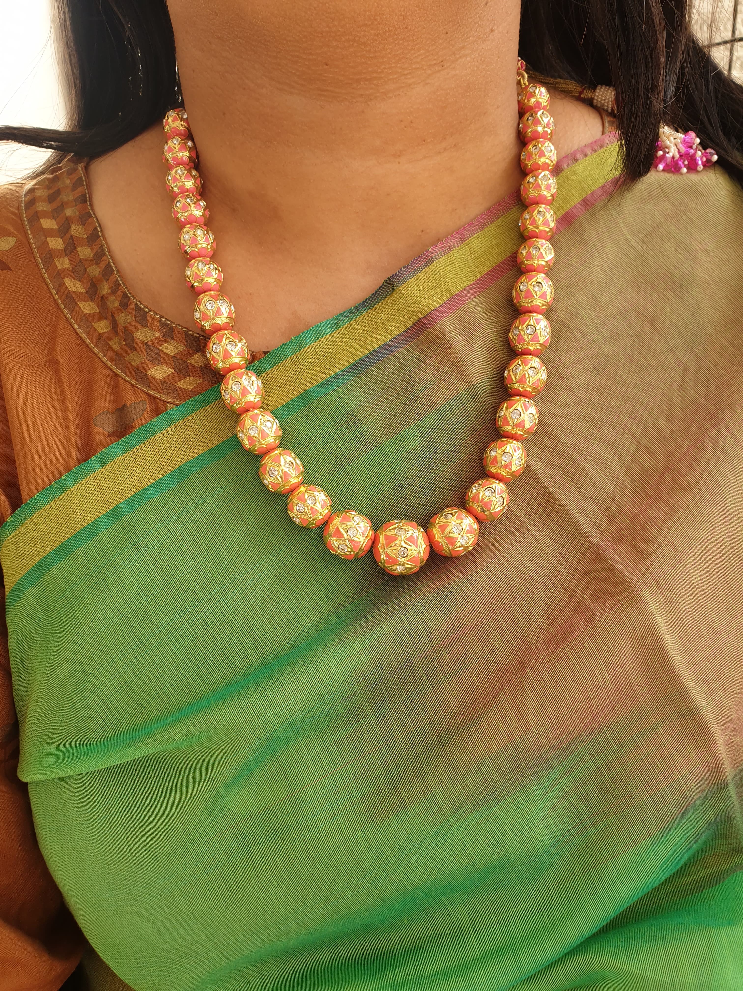 Peach Meenakari Beaded Necklace With Earrings