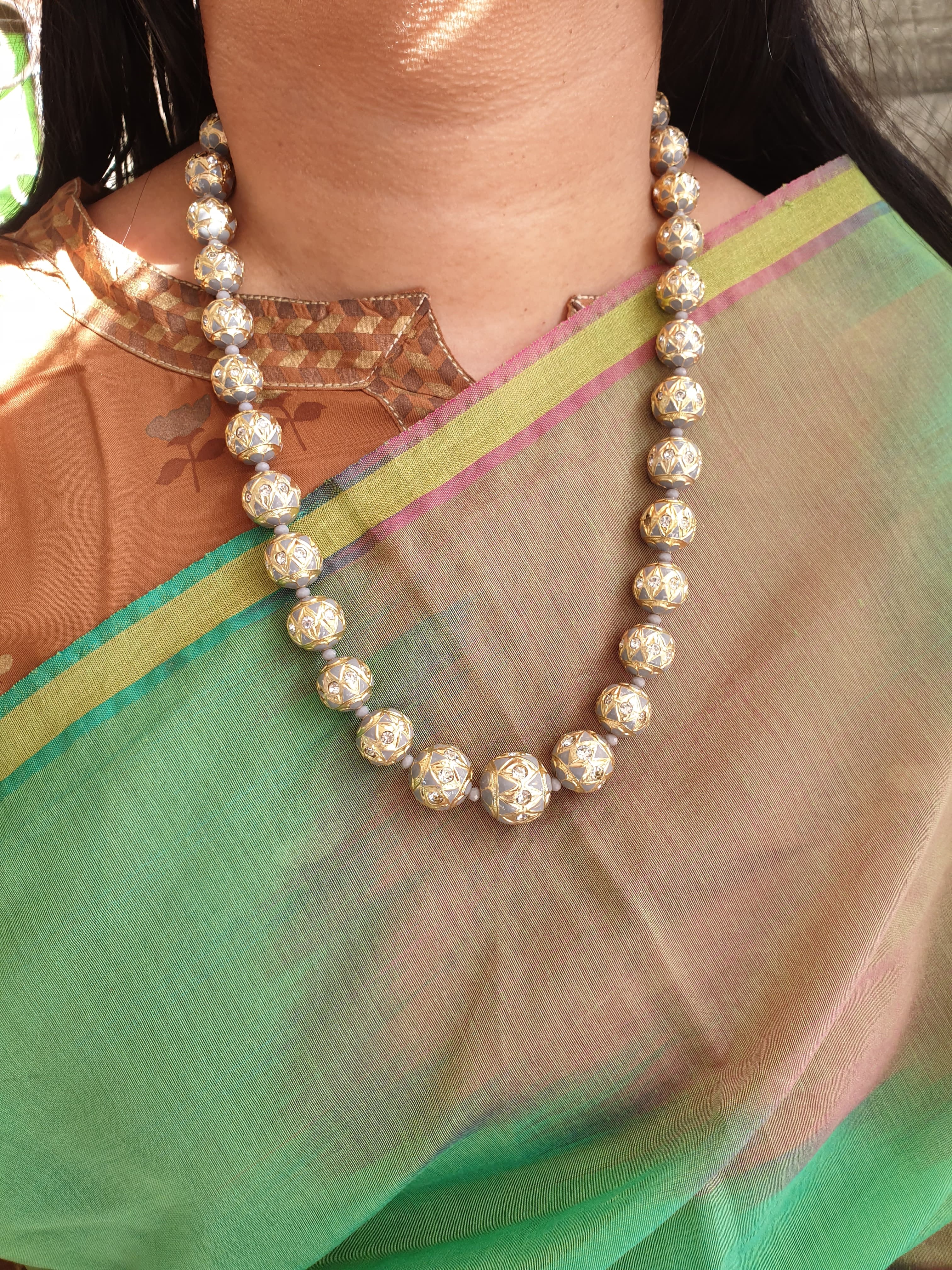 Grey Meenakari Beaded Necklace With Earrings