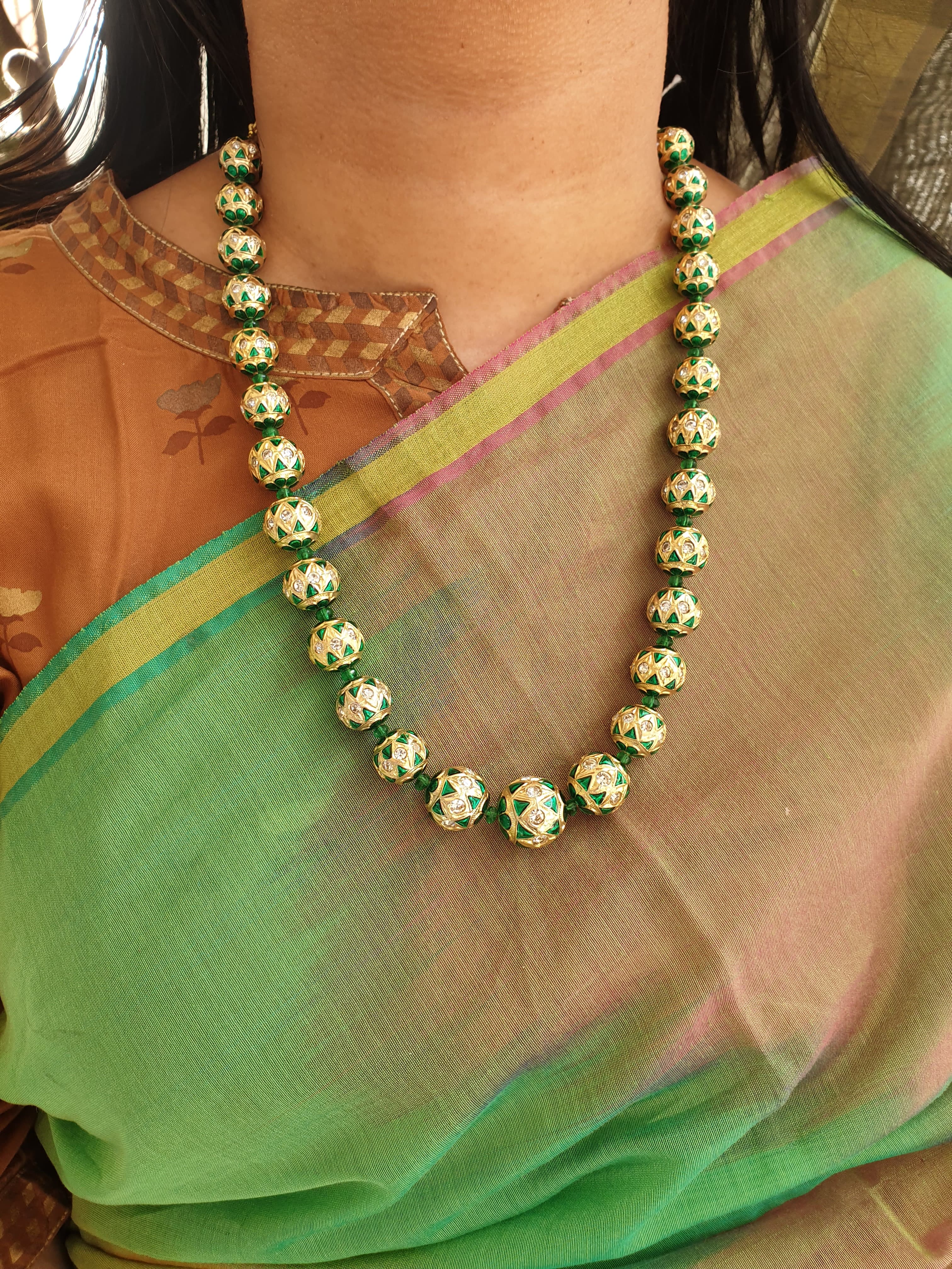 Green Meenakari Beaded Necklace With Earrings