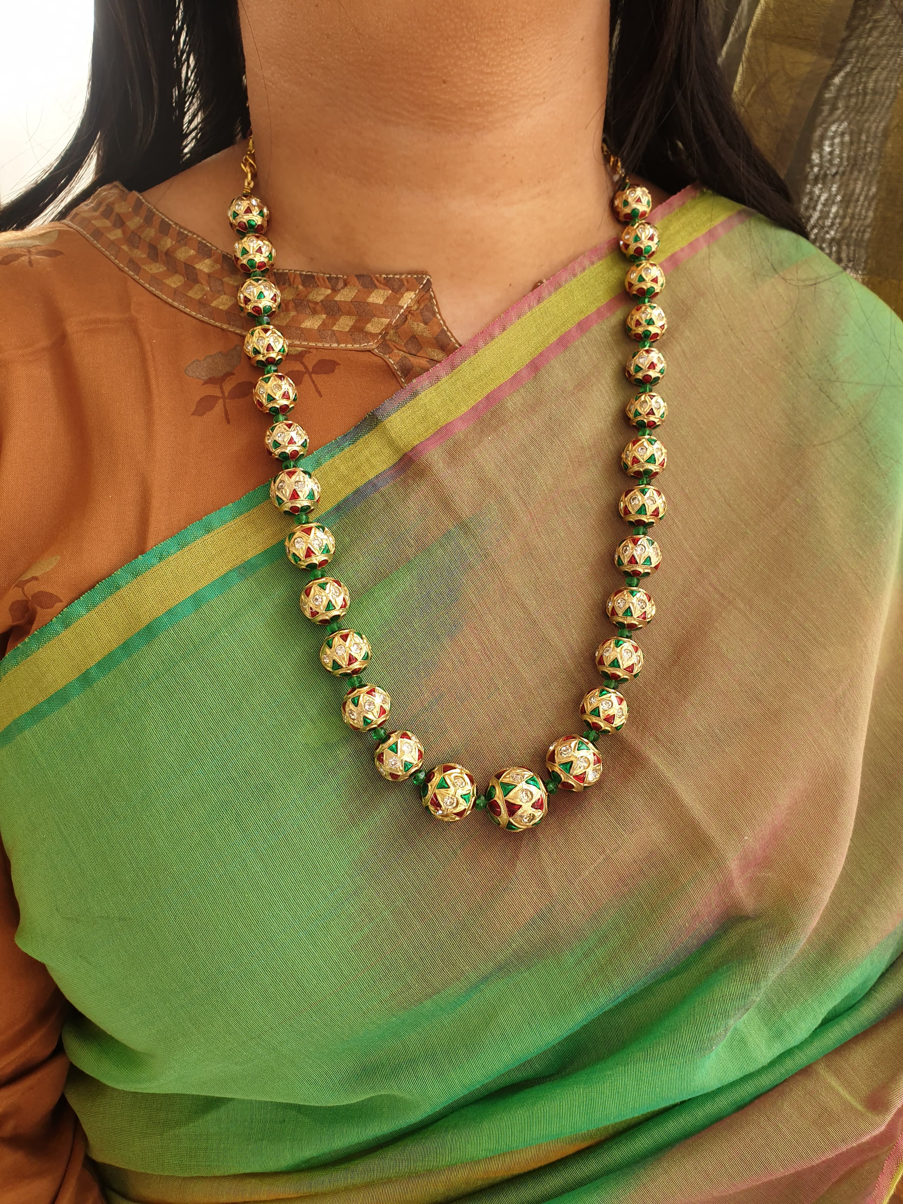 Red Green Meenakari Beaded Necklace With Earrings