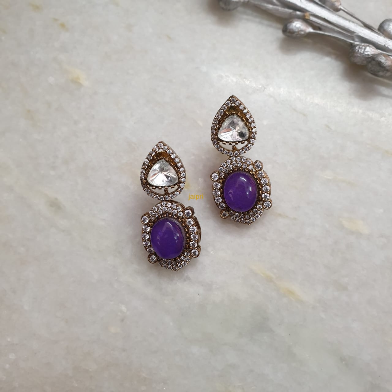 Purple Stone Kundan Small Earrings