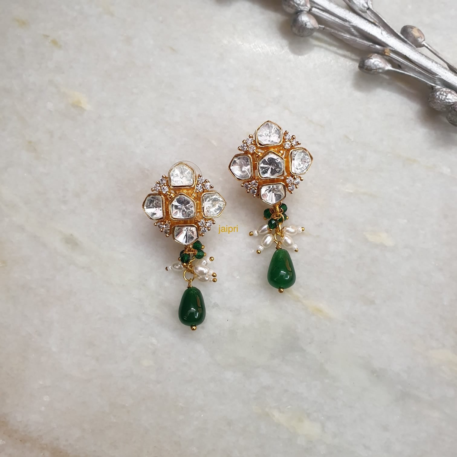 Emerald Green Stone Moissanite Kundan Polki Studs Earrings