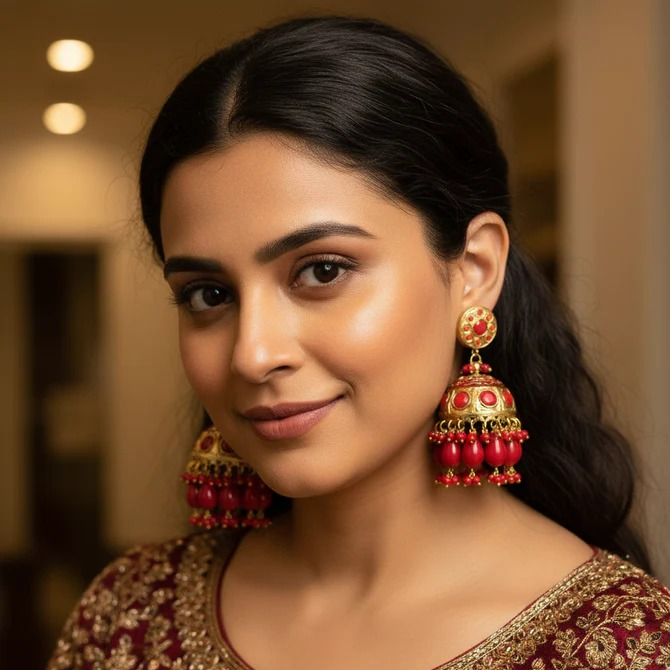 Floral Design Gold Jhumki Statement Earrings