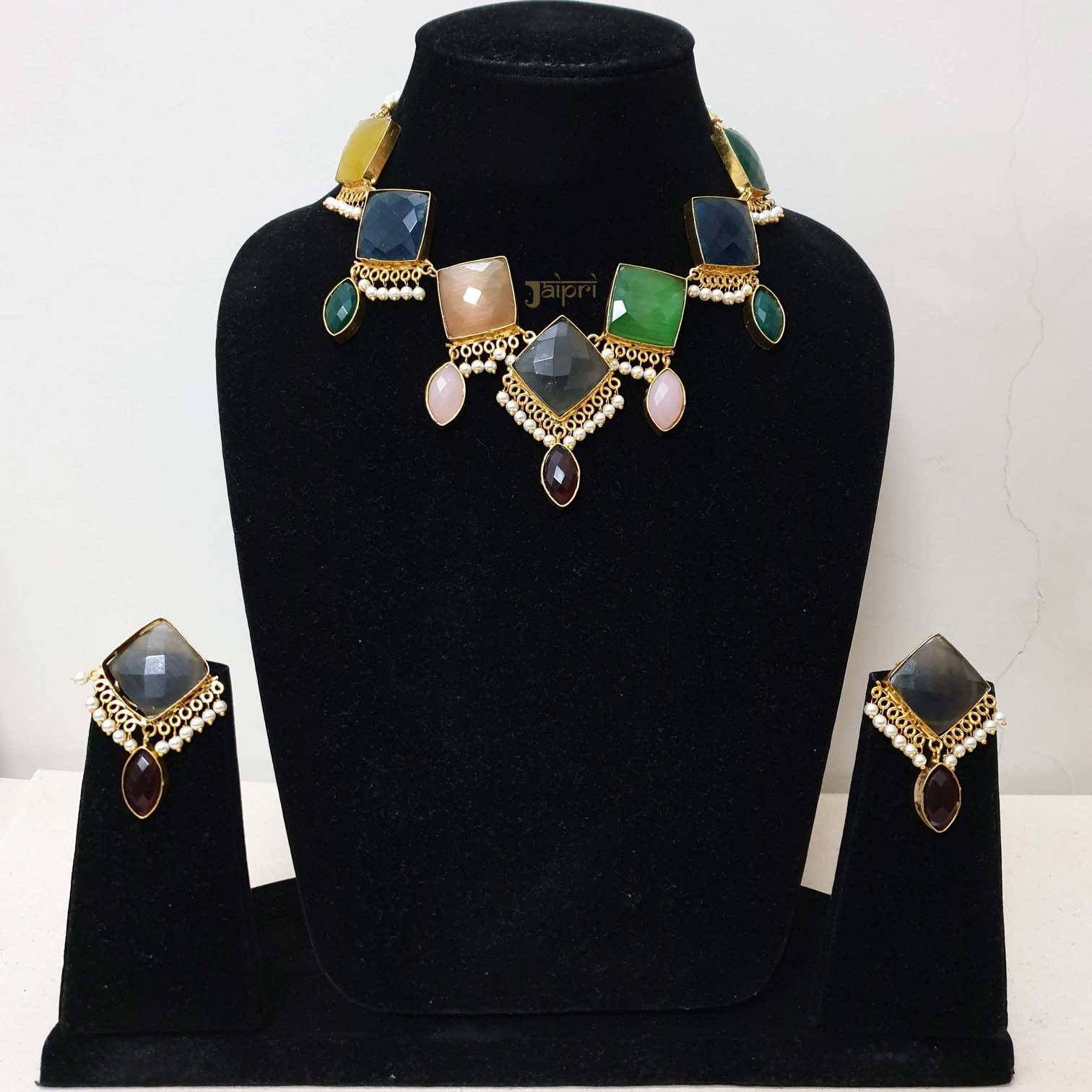 Multicolor Stone Choker Thread Necklace With Earrings