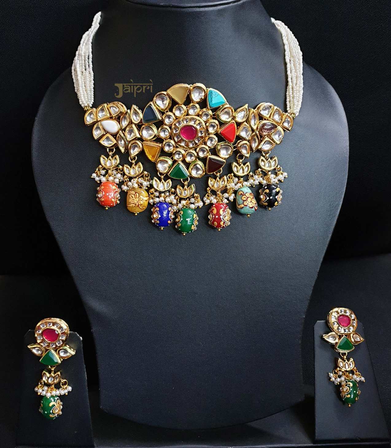 Designer Navratan Stone Floral Choker With Earrings