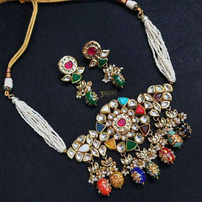 Designer Navratan Stone Floral Choker With Earrings