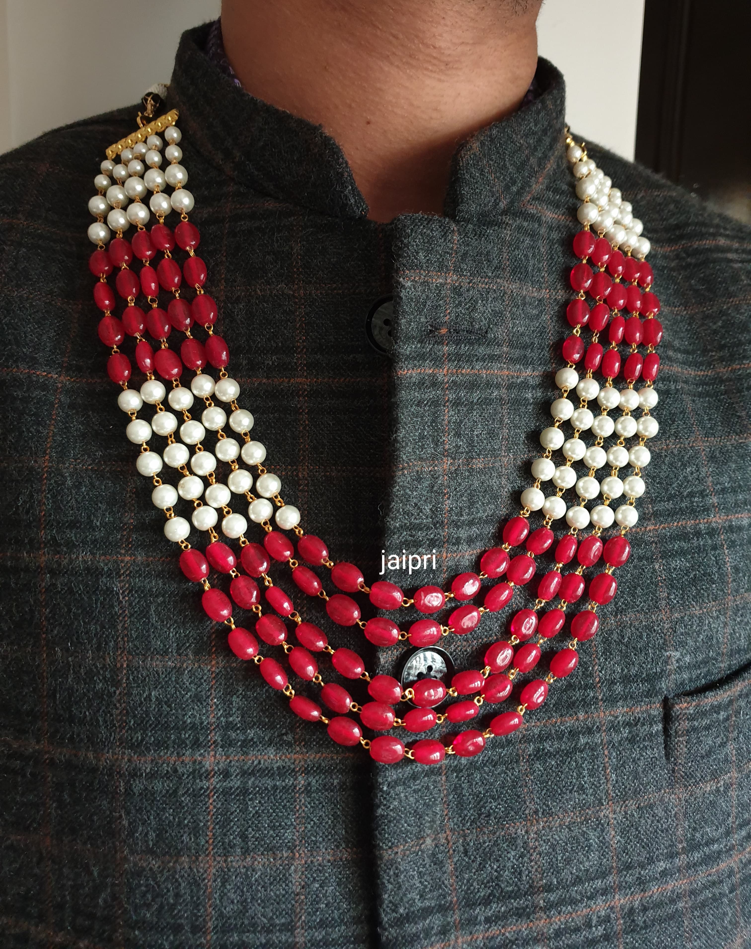 Five Layered Ruby Red Pearl Groom Necklace