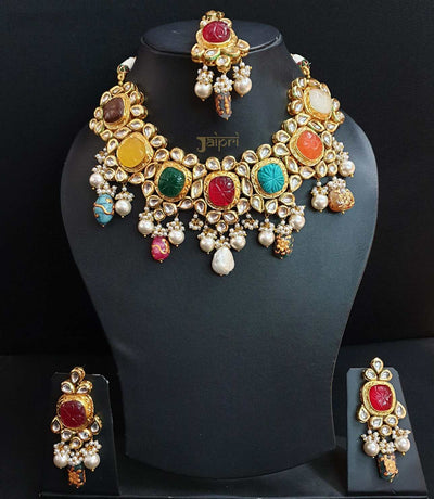 Navratana Stone Kundan Designer Necklace and Earrings With Maang Tikka