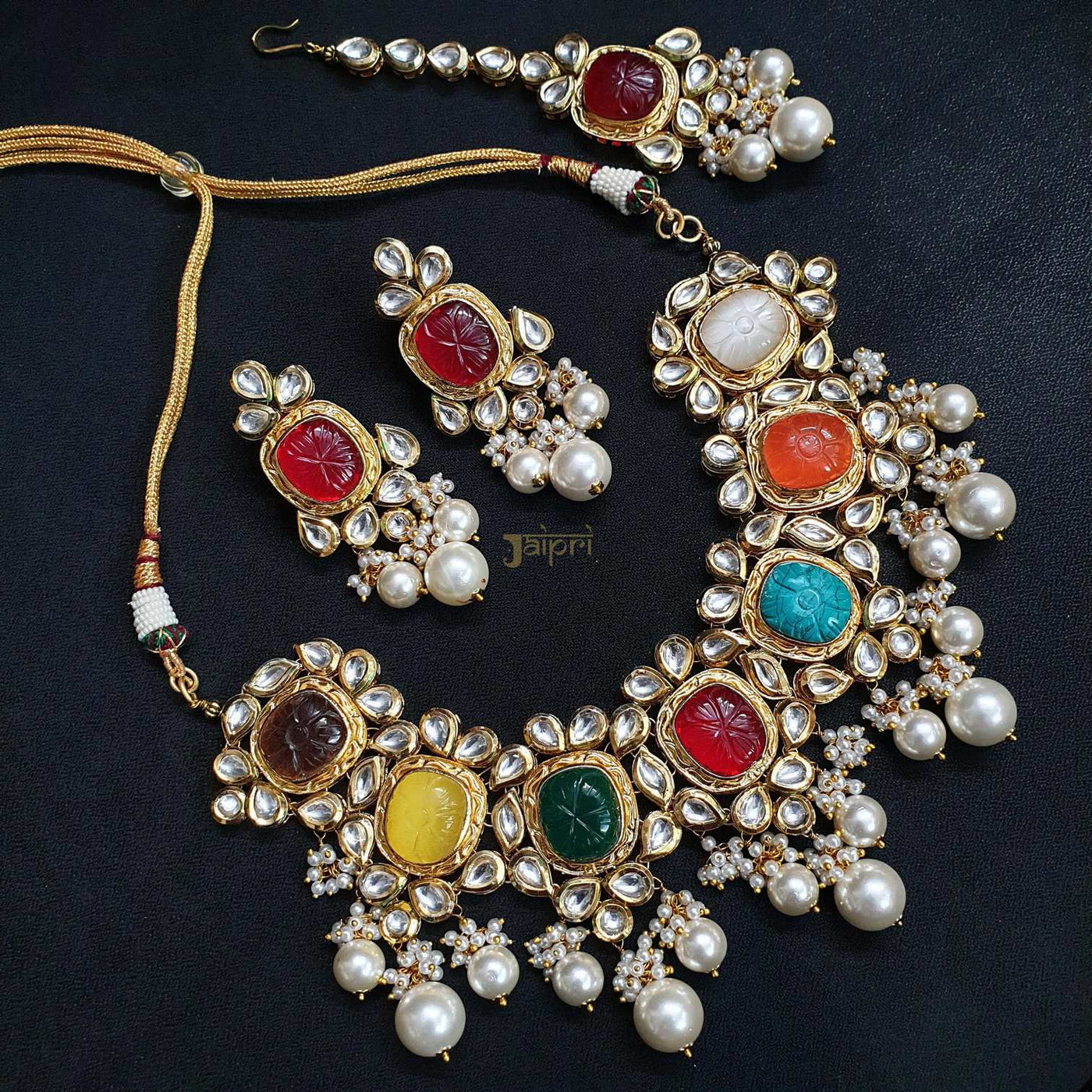 Navratan Stone Kundan-Jadau Choker & Earrings With Maang Tikka