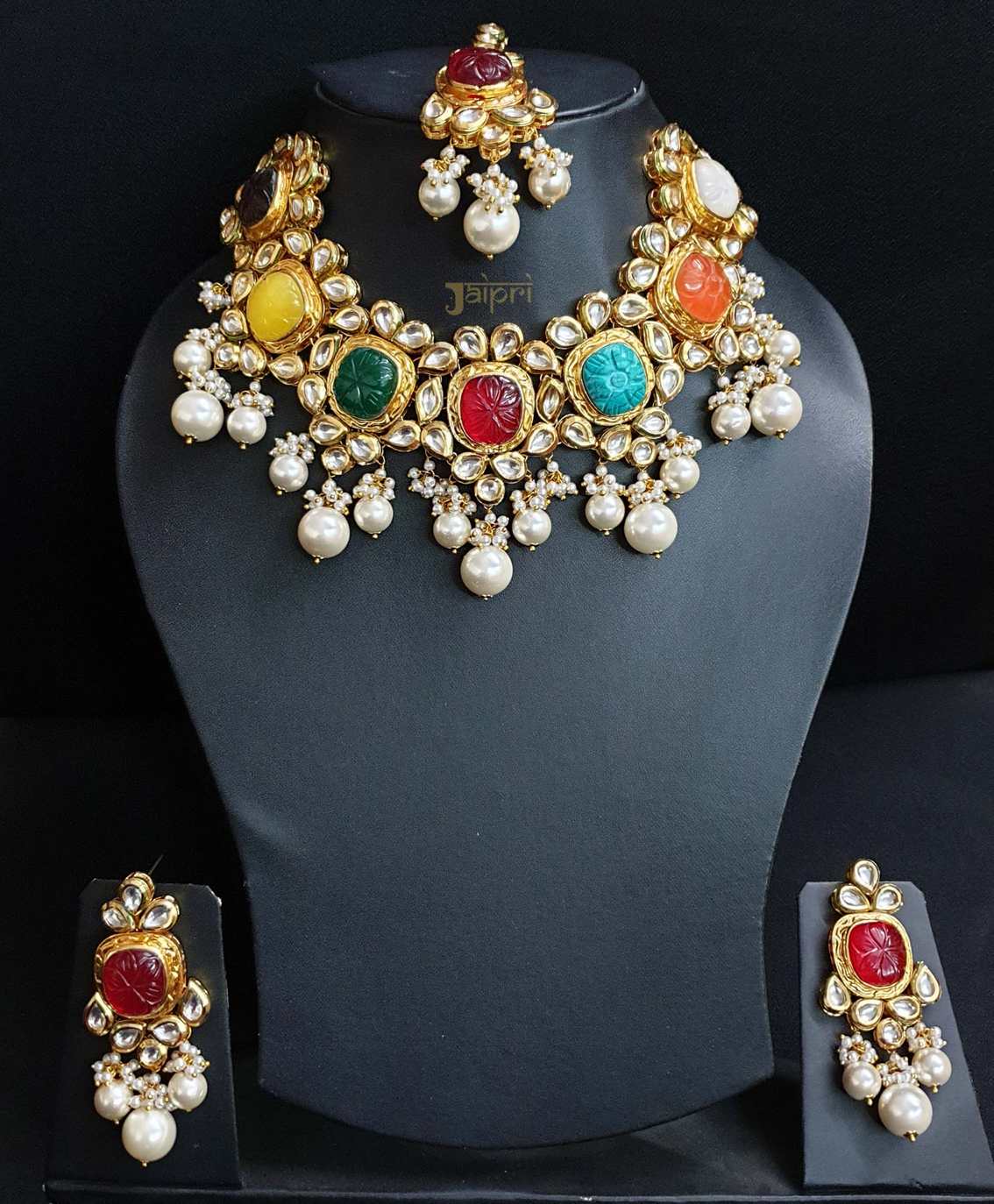 Navratan Stone Kundan-Jadau Choker & Earrings With Maang Tikka