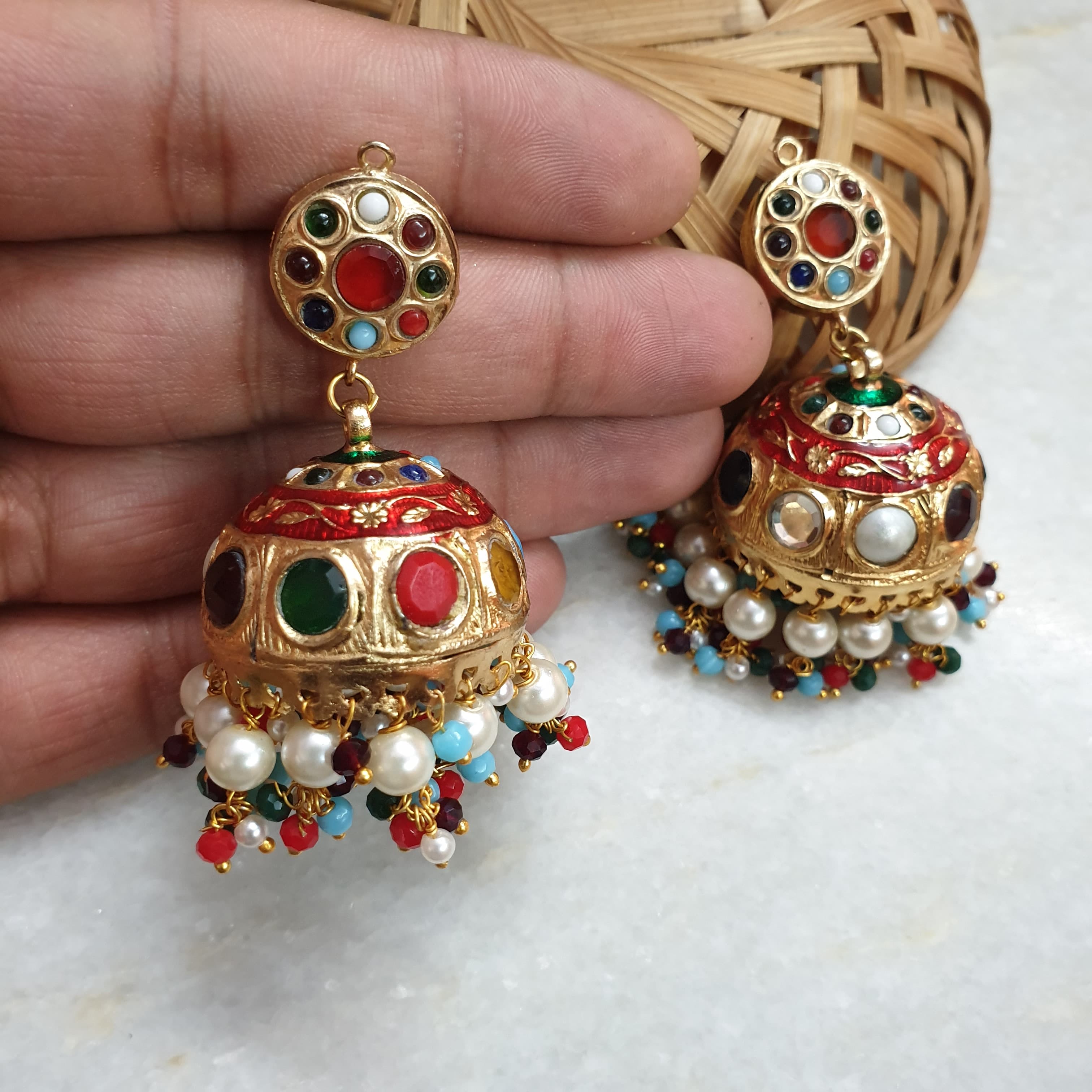 Navratana Stone Jadau Jhumki Earrings
