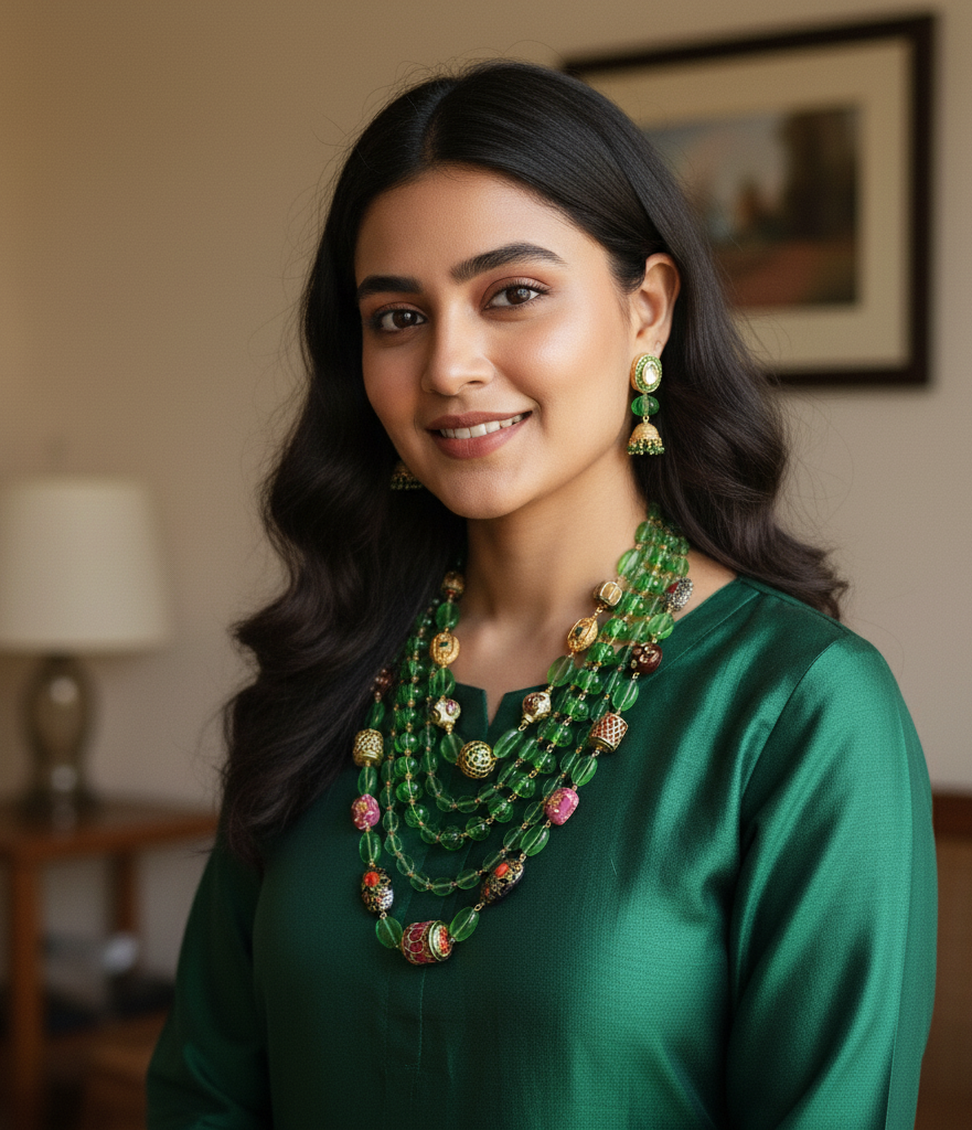 Multilayered Green Beads Stone Necklace With Earrings