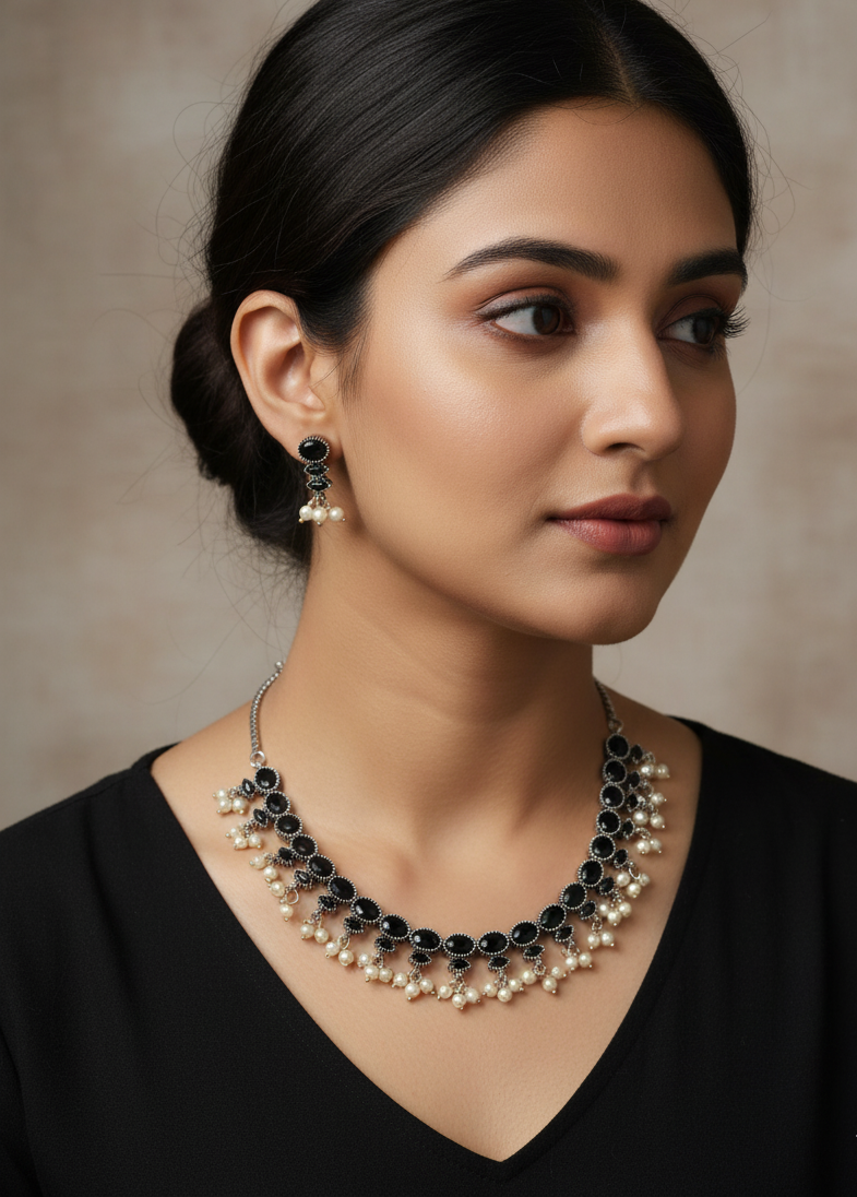 Black Stone Oxidised Silver Necklace Set