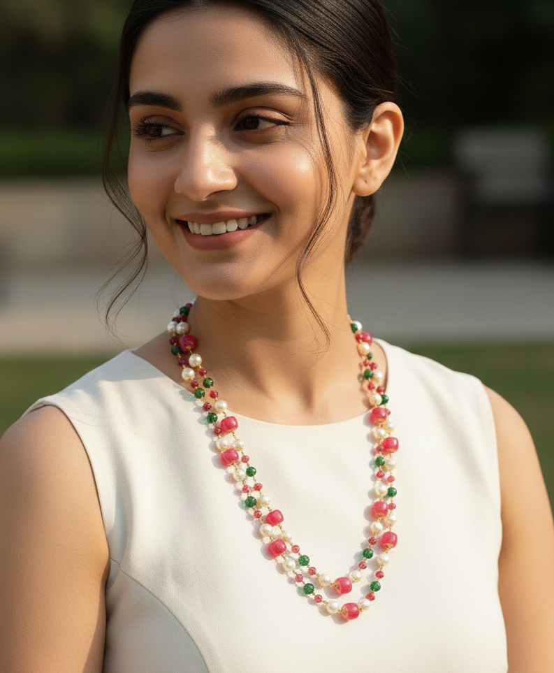 Red Stone Layered Pearl Long Mala