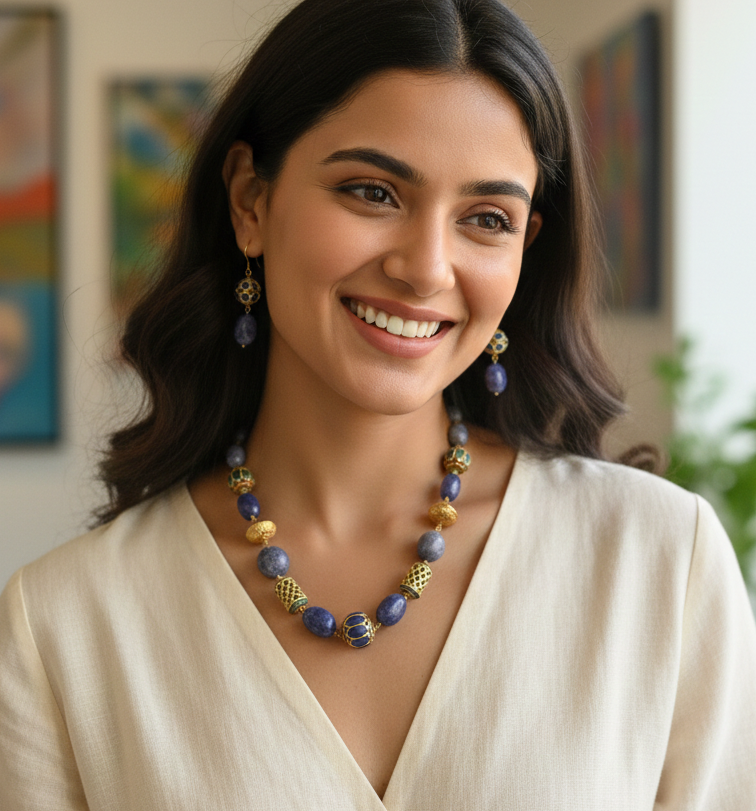 Blue Stone Jadau Beaded Necklace