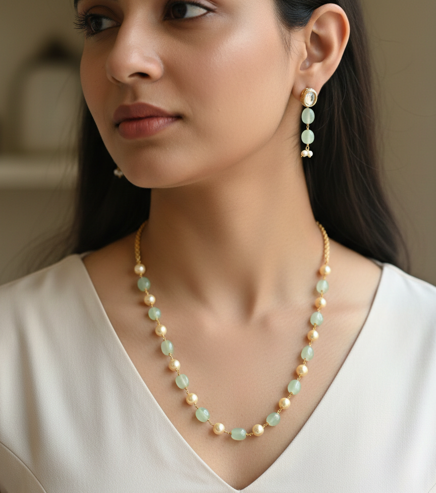 Pearl and Green Beaded Single Line Necklace