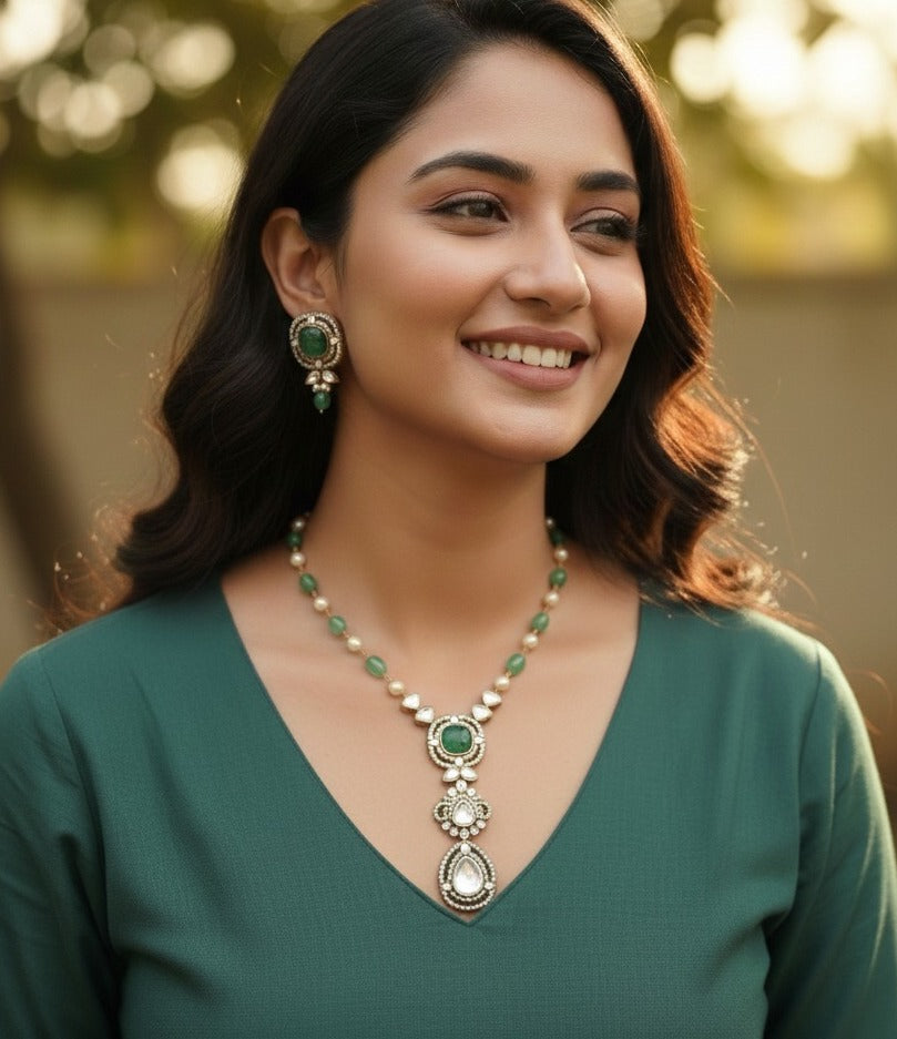Green Stone Kundan Delicate Pendant Set With Earrings