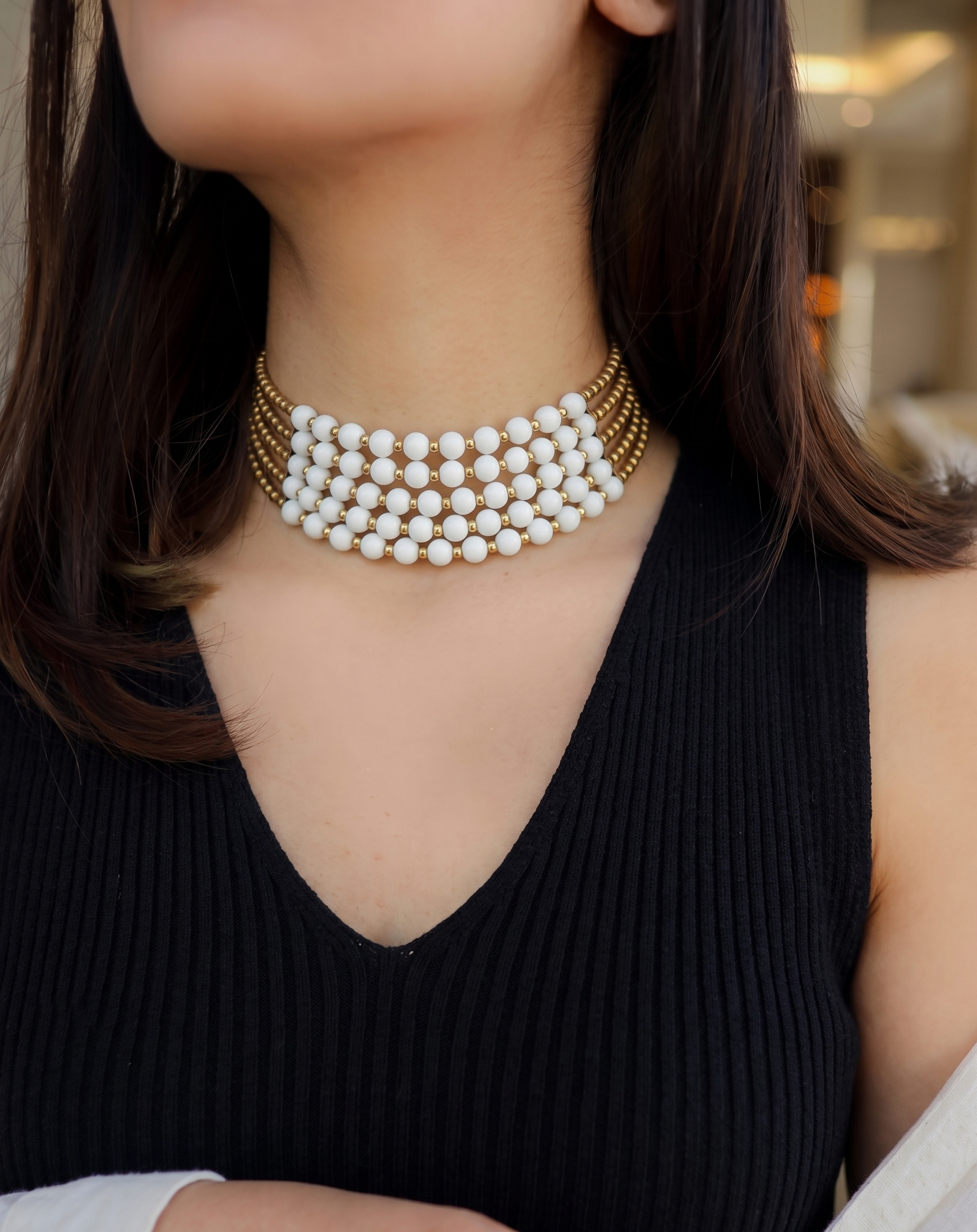 Lubani White Beaded Choker Necklace