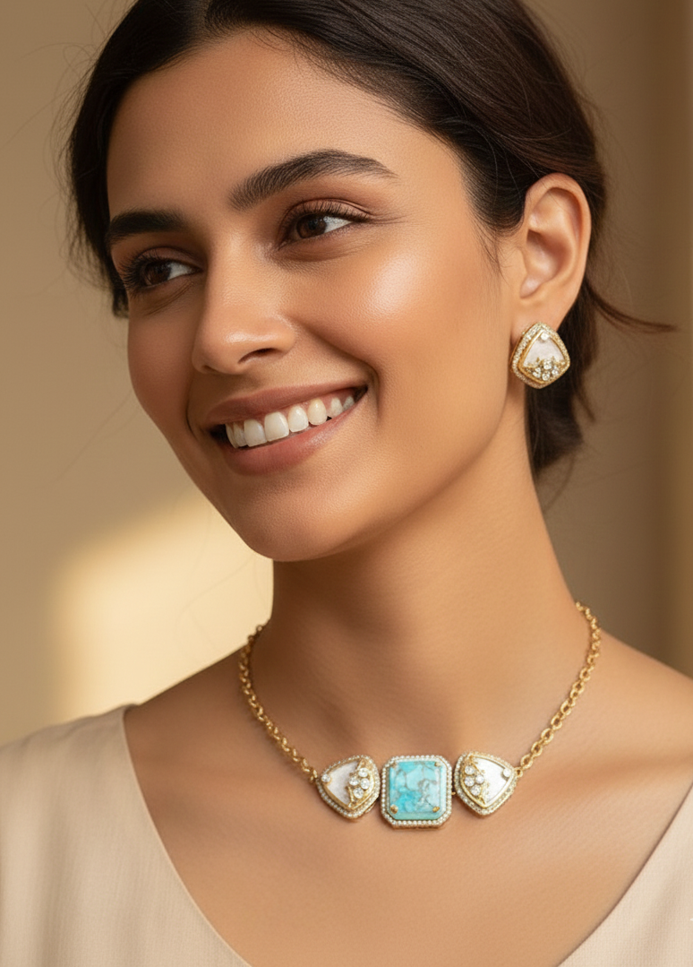 Turquoise Doublet Stone Elegant Choker Necklace With Earrings