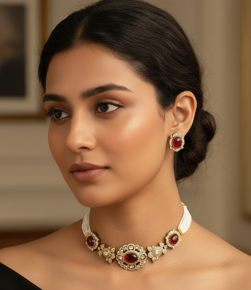 Ruby Polki Stone Kundan Choker Necklace With Studs